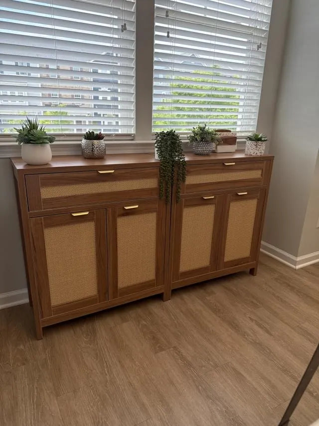 VEVOR Buffet Cabinet, Rattan Cabinet with Storage 63inch, Storage Cabinet with 4 Magnetic Doors and Adjustable Shelves Set of 2, Sideboard Buffet Cabinet for Hallway, Entryway, Living Room, or Kitchen, Natural