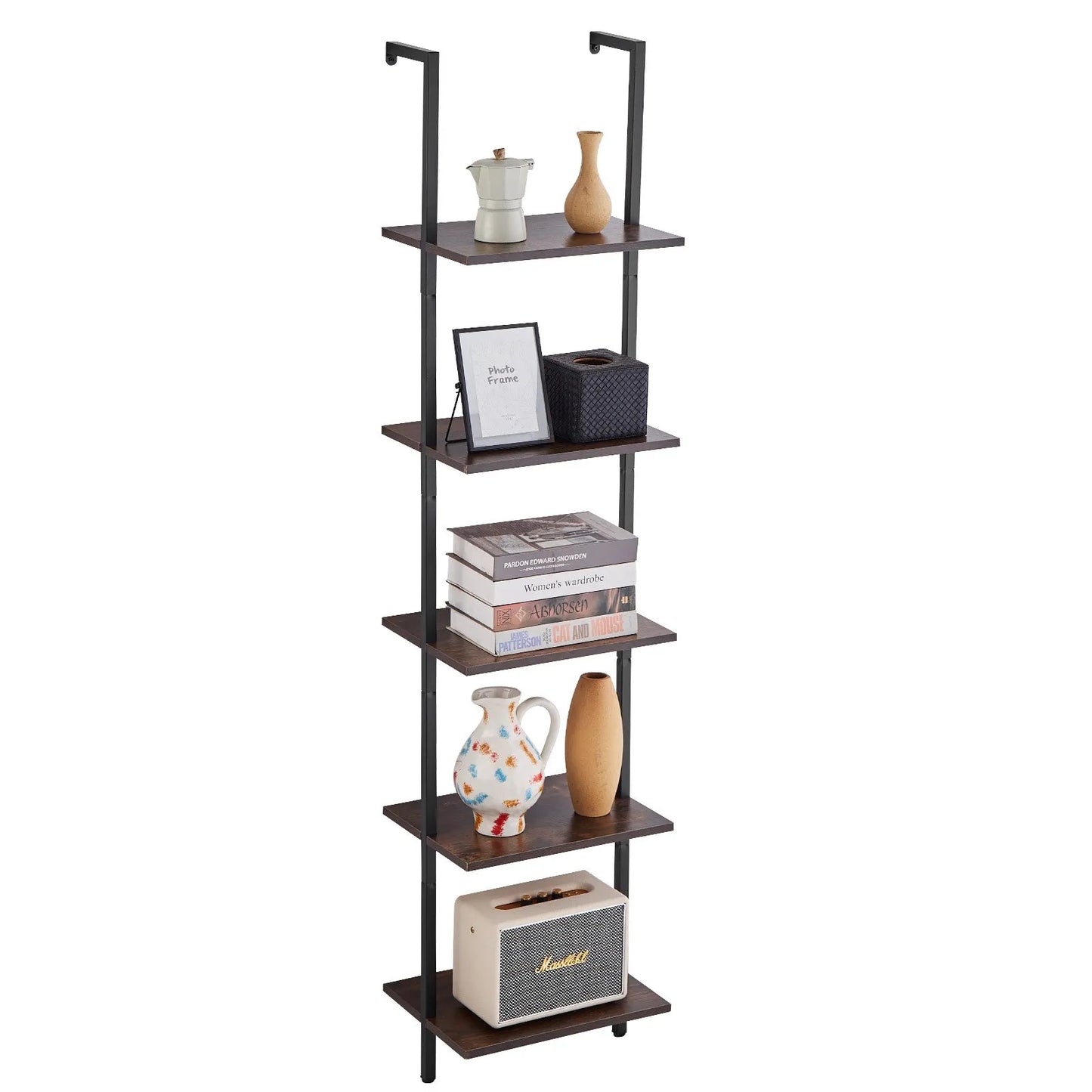 VEVOR Ladder Shelf, 5-Tier Bookshelf 15.6x11.8in, Open Wall-Mounted Ladder Shelf with Metal Frame,Storage Rack Sundries Holder for Kitchen Bedroom Bathroom Living Room, Black