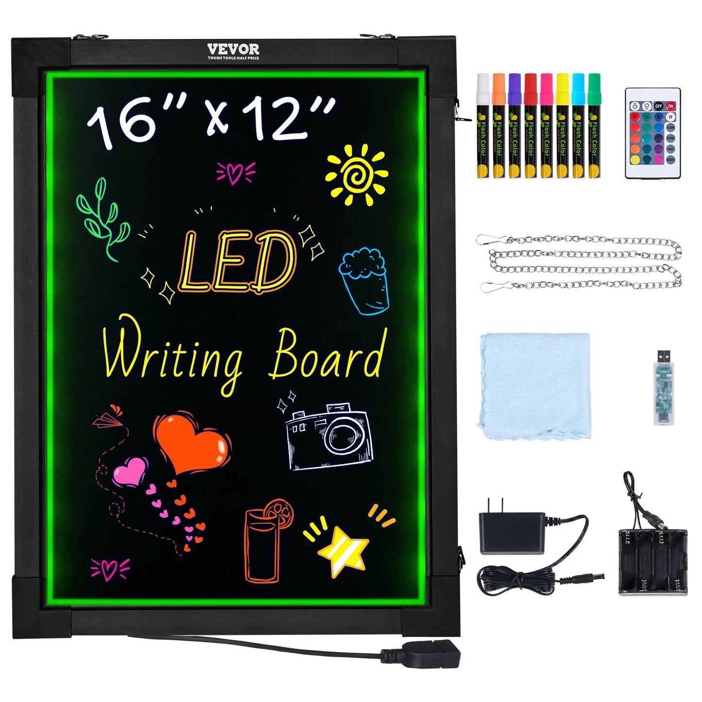 VEVOR LED Message Writing Board, 16"x12" Illuminated Erasable Lighted Chalkboard, Neon Effect Menu Sign Board, Drawing Board with 8 Fluorescent Chalk Markers and Remote Control, for Home Wedding Shop