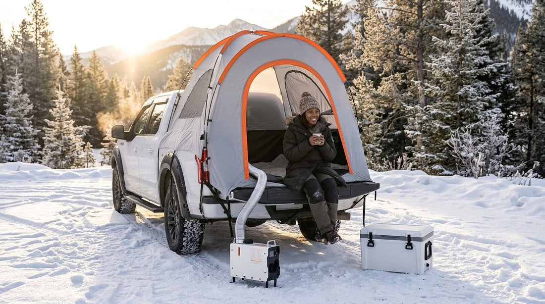 Pickup truck with a truck bed tent, a small 2KW diesel heater and a cooler at a snowy campsite