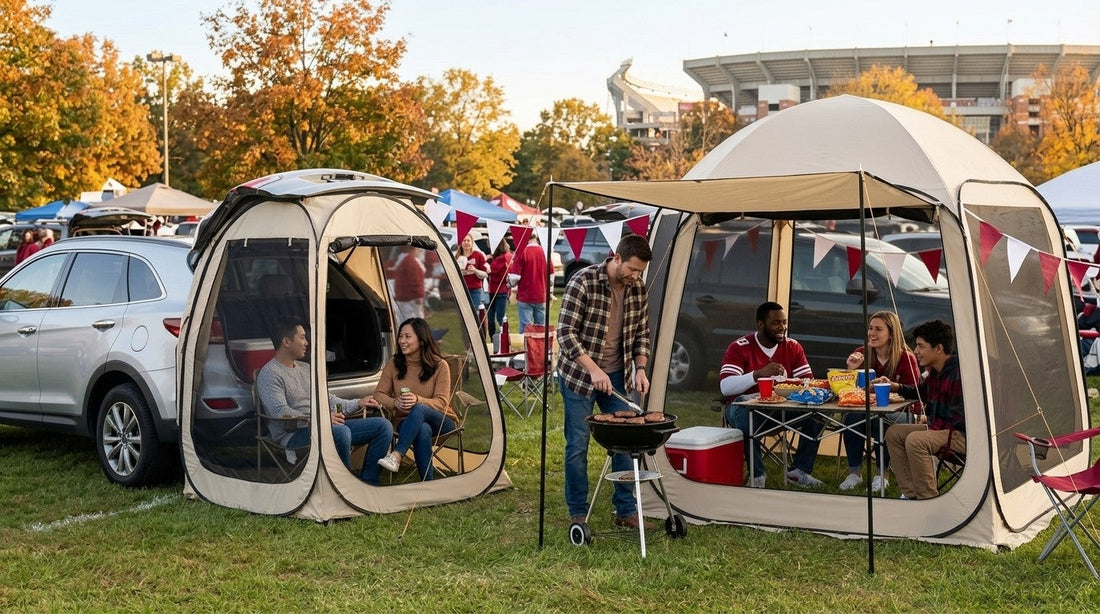 Fall football tailgate with an SUV tailgate screen tent and a pop-up screen house tent