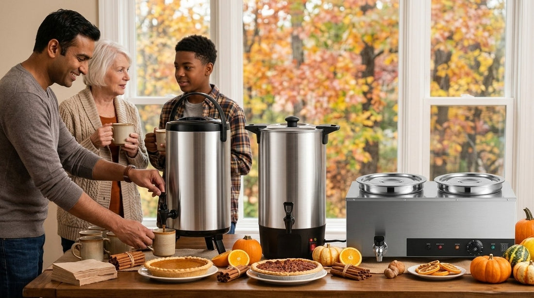 Insulated beverage dispenser serving hot cider next to a coffee urn and soup warmer at a Thanksgiving party