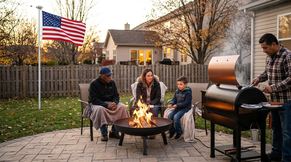 Veterans Day family gathering on a backyard stone patio with a fire pit bowl, pellet grill and flagpole