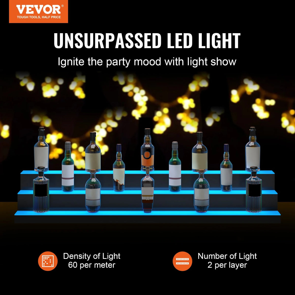 VEVOR LED Lighted Liquor Bottle Display Bar Shelf RF & App Control 60" 3-Step