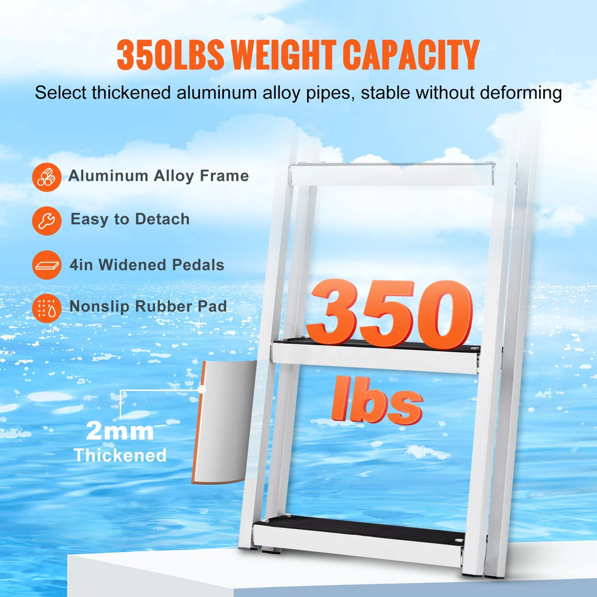 VEVOR Removable Dock Ladder 5 Steps, 350 lbs Load Capacity, Pontoon Boat Ladder with 4'' Wide Step & Nonslip Design for Ship/Lake/Pool/Marine Boarding