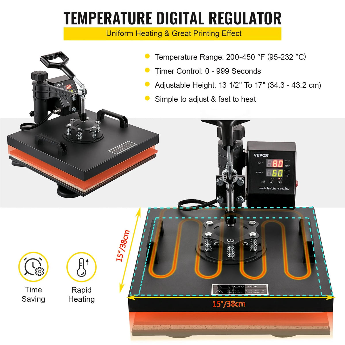 VEVOR Heat Press Machine 15x15Inch 8pcs 1050W Combo Digital Multifunctional Sublimation Heat Transfer Machine Dual LED Display for T Shirts Hat Mug Cap Plate Swing Away Design