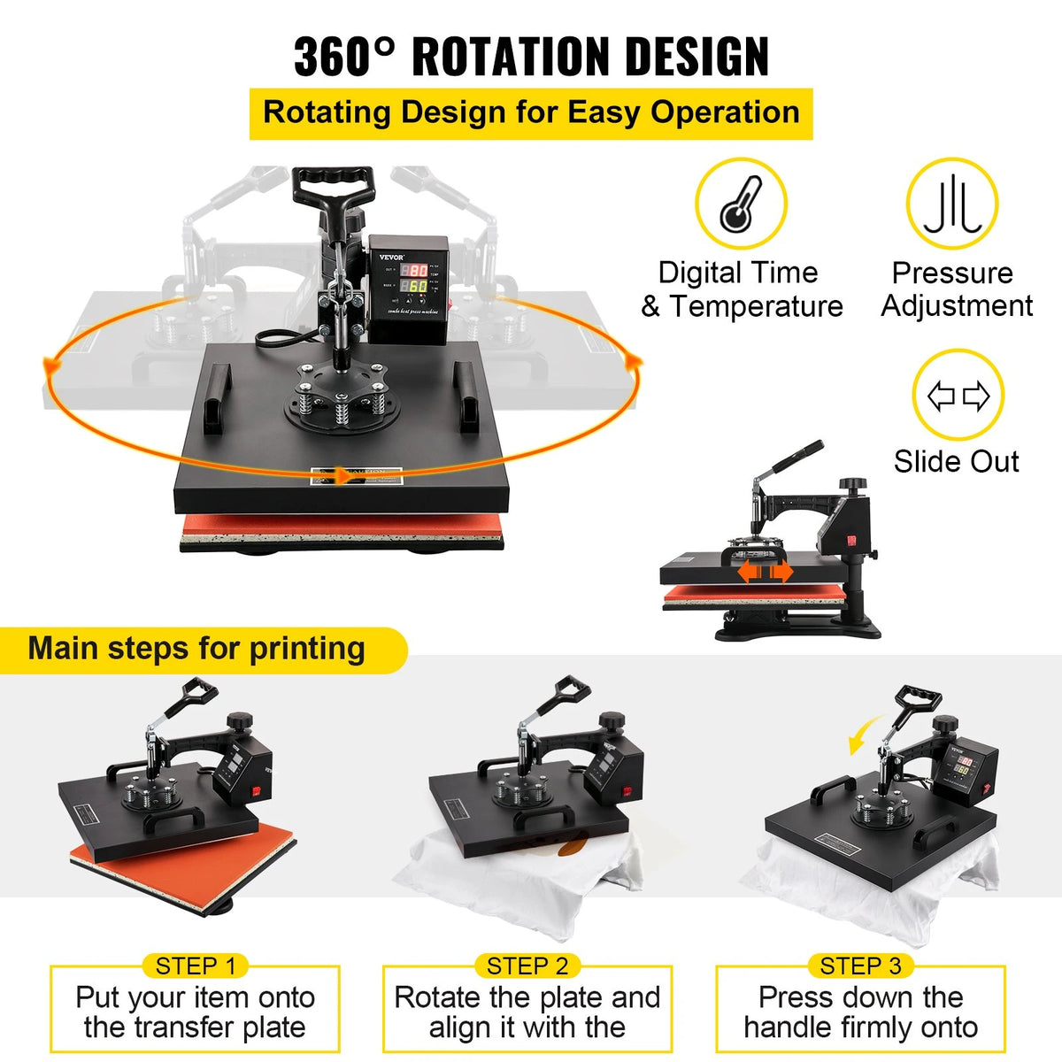 VEVOR Heat Press Machine 15x15Inch 8pcs 1050W Combo Digital Multifunctional Sublimation Heat Transfer Machine Dual LED Display for T Shirts Hat Mug Cap Plate Swing Away Design