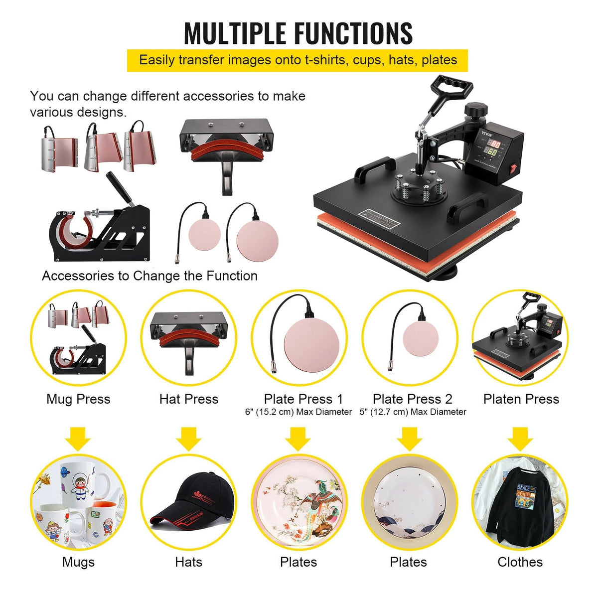 VEVOR Heat Press Machine 15x15Inch 8pcs 1050W Combo Digital Multifunctional Sublimation Heat Transfer Machine Dual LED Display for T Shirts Hat Mug Cap Plate Swing Away Design