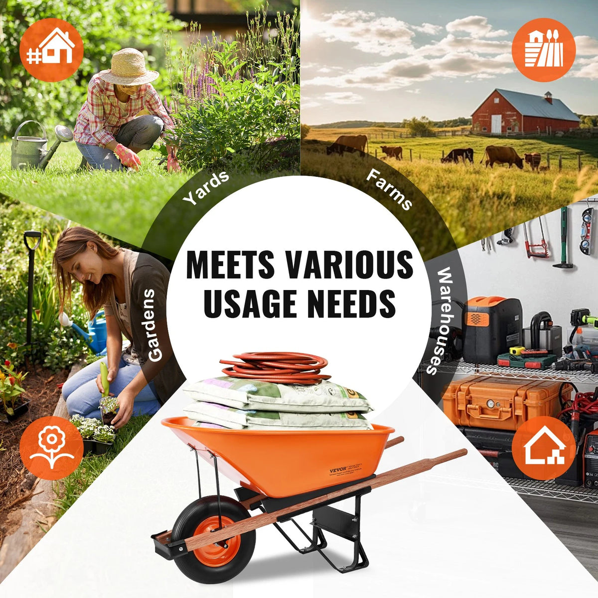 VEVOR Wheelbarrow Cart, 6 Cu. Ft. Load & 330 lbs Capacity, One Wheel Garden Dump Cart Wheel Barrow with Metal Handle &  16"  Wide Track Wheels, Easy Loading Utility Yard Cart & Wagons for Lawn Farm