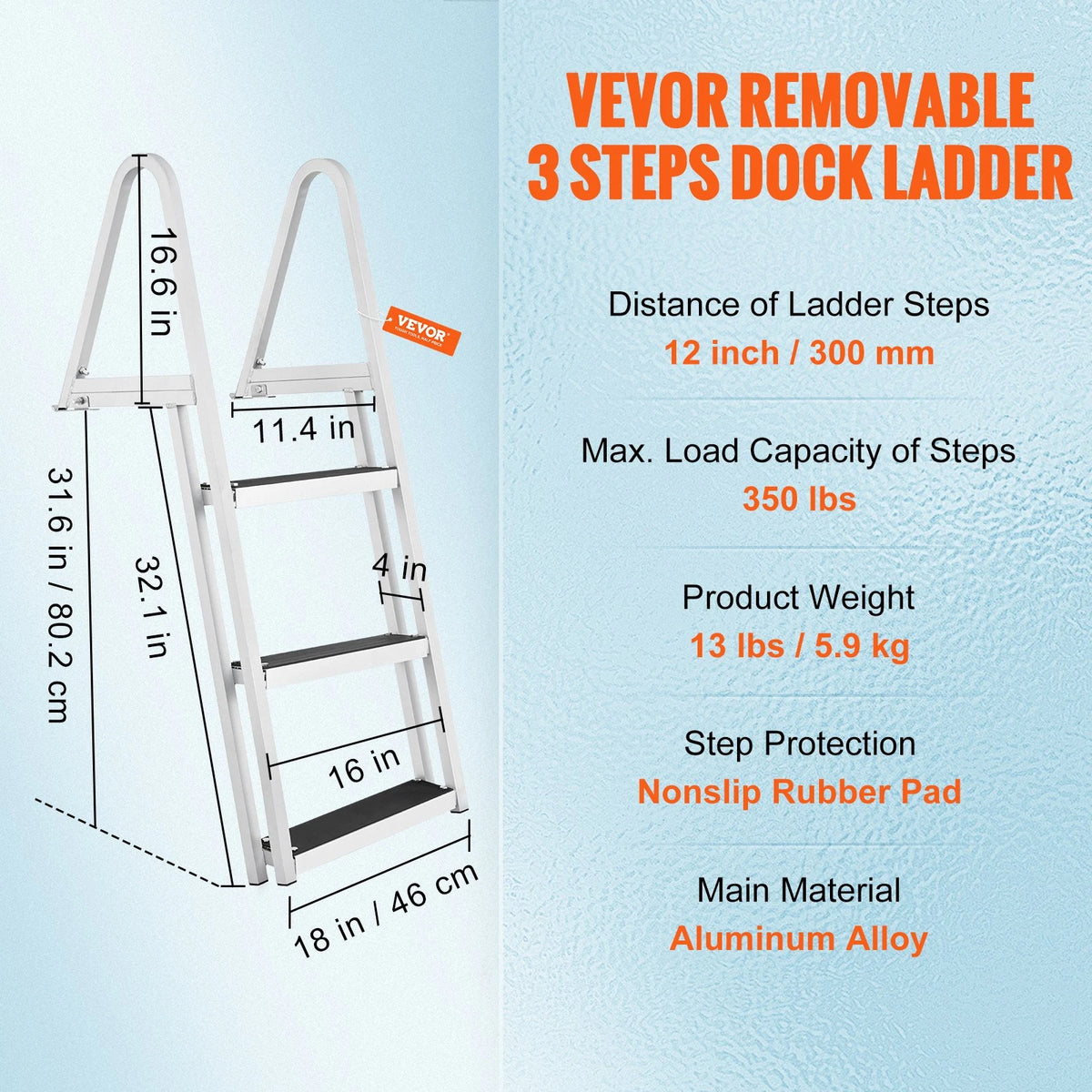 VEVOR Dock Ladder, Removable 3 Steps, 350 lbs Load Capacity, Aluminum Alloy Pontoon Boat Ladder with 4'' Wide Step & Nonslip Mat, Easy to Install for Ship/Lake/Pool/Marine Boarding