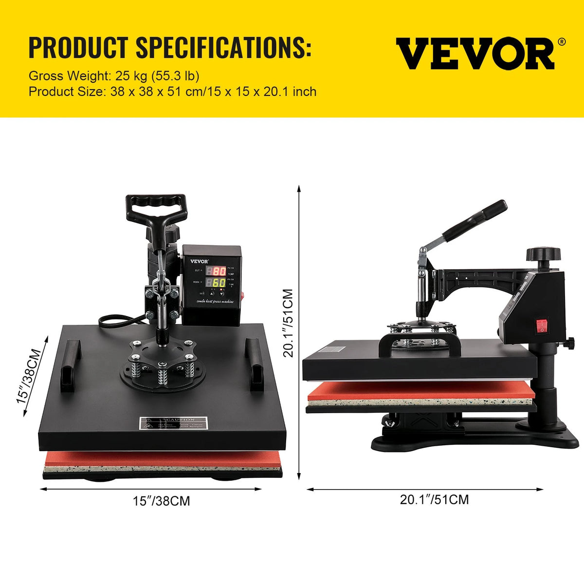 VEVOR Heat Press Machine 15x15Inch 8pcs 1050W Combo Digital Multifunctional Sublimation Heat Transfer Machine Dual LED Display for T Shirts Hat Mug Cap Plate Swing Away Design