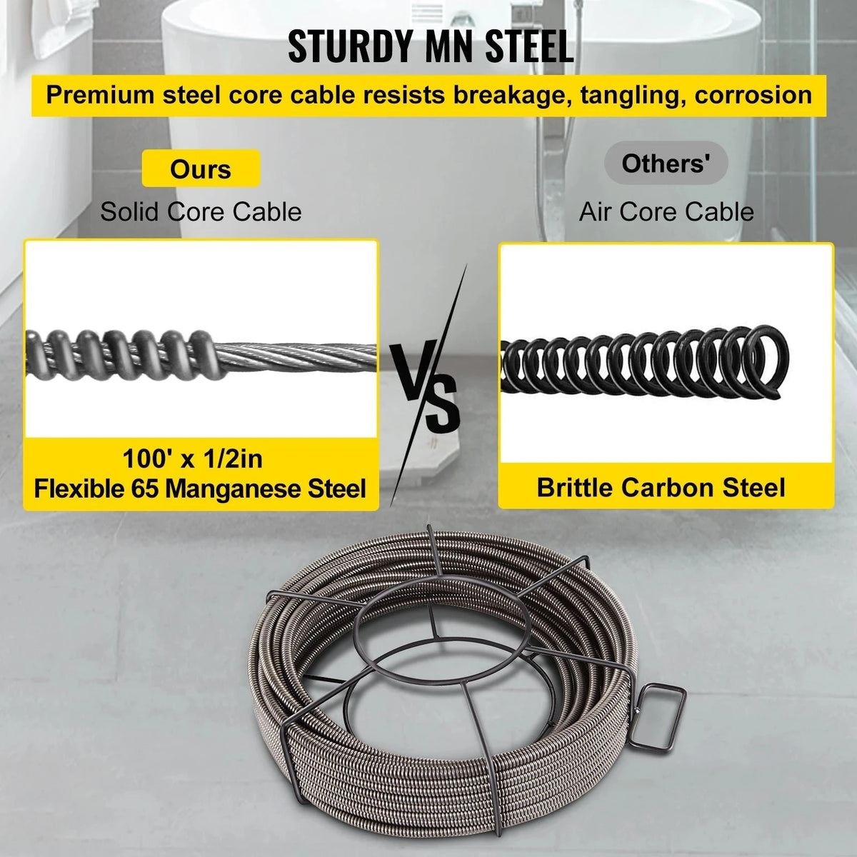 VEVOR Drain Cleaning Cable 100 Feet x 1/2 Inch Solid Core Cable Sewer Cable Drain Auger Cable Cleaner Snake Clog Pipe Drain Cleaning Cable Sewer Drain Auger Snake Pipe