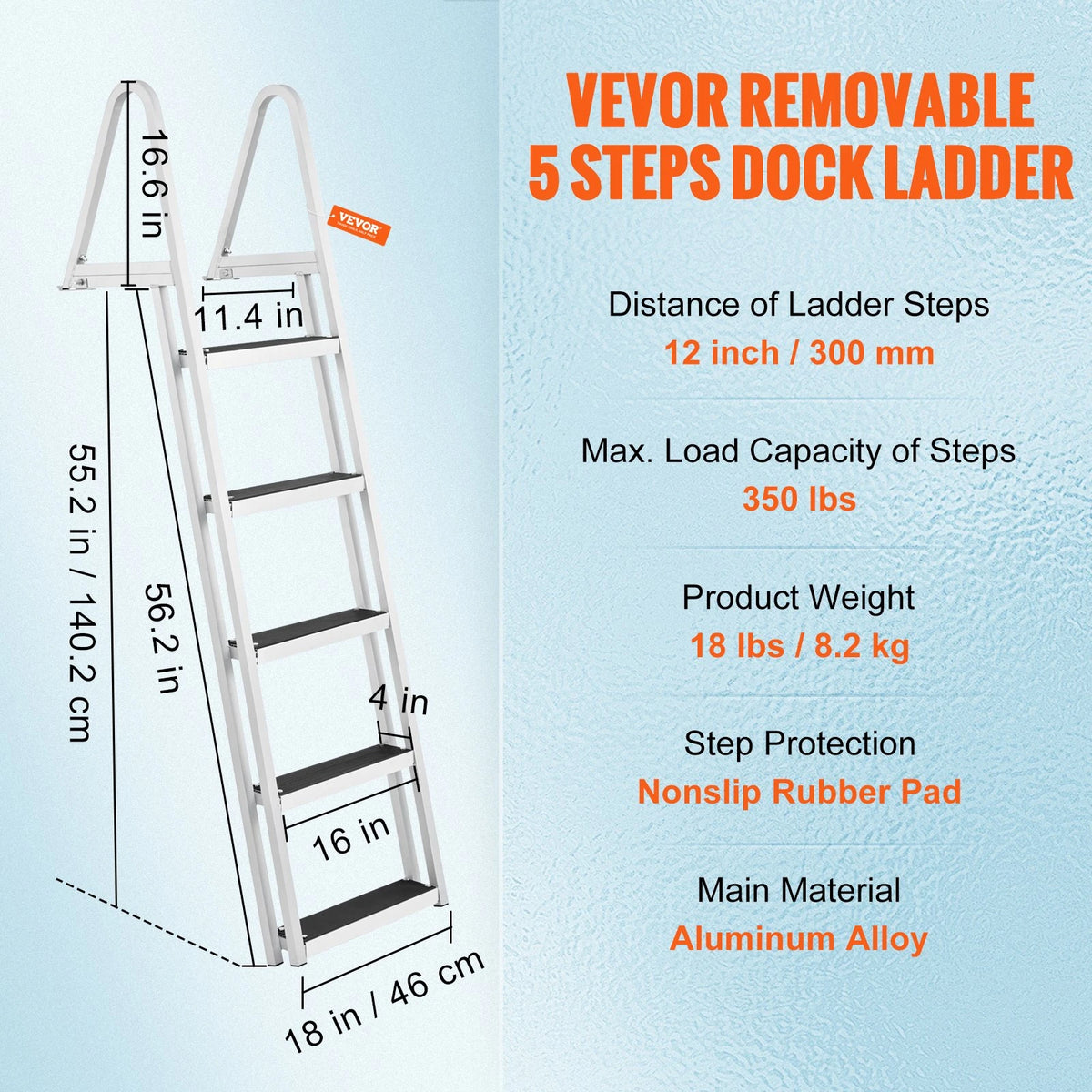 VEVOR Removable Dock Ladder 5 Steps, 350 lbs Load Capacity, Pontoon Boat Ladder with 4'' Wide Step & Nonslip Design for Ship/Lake/Pool/Marine Boarding