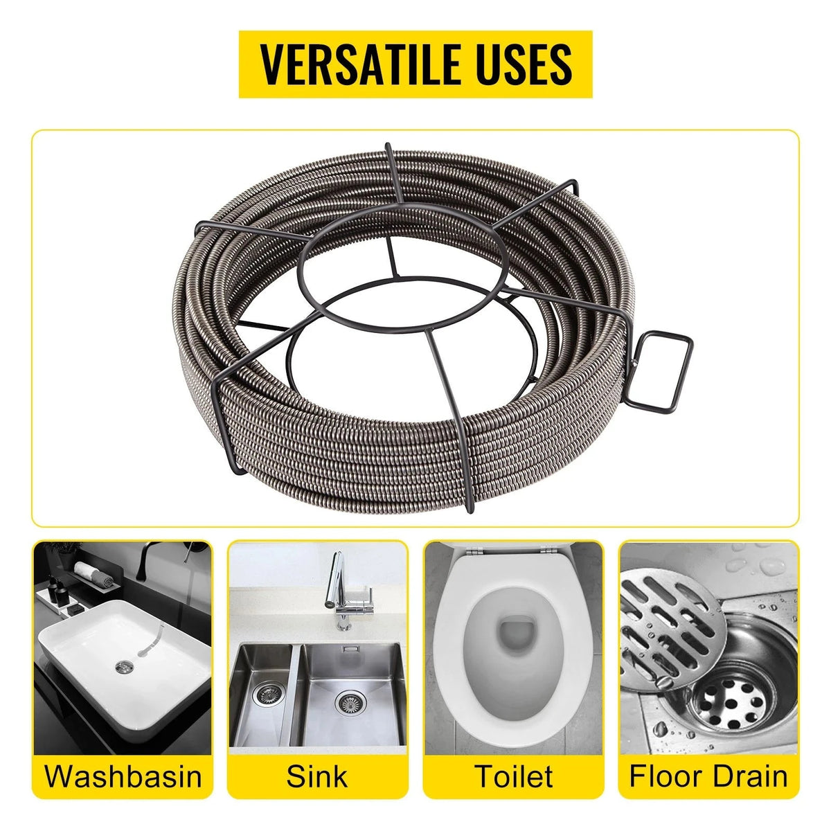 VEVOR Drain Cleaning Cable 100 Feet x 1/2 Inch Solid Core Cable Sewer Cable Drain Auger Cable Cleaner Snake Clog Pipe Drain Cleaning Cable Sewer Drain Auger Snake Pipe