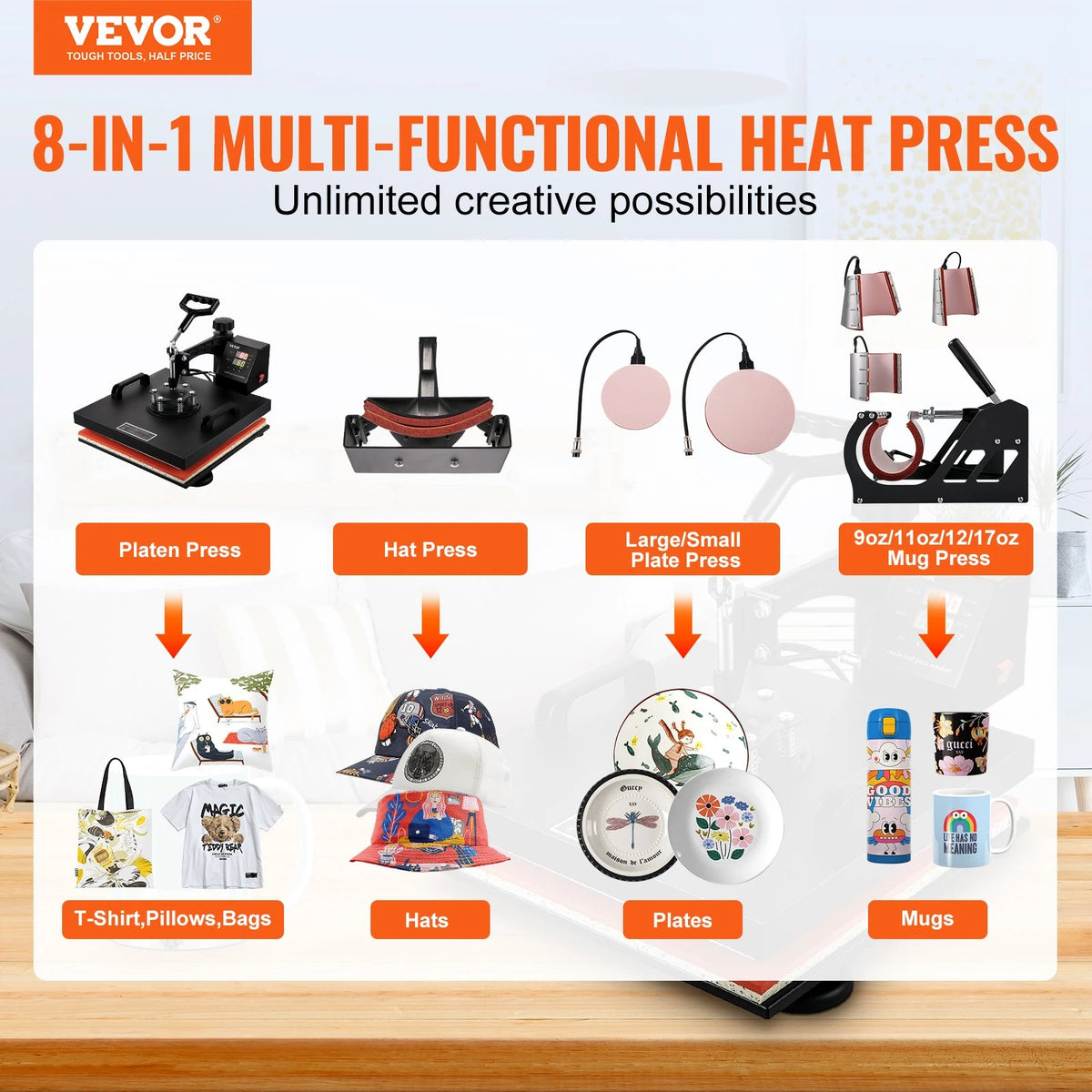 VEVOR Heat Press Machine 15x15Inch 8pcs 1050W Combo Digital Multifunctional Sublimation Heat Transfer Machine Dual LED Display for T Shirts Hat Mug Cap Plate Swing Away Design
