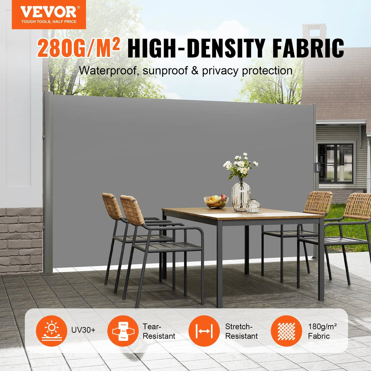 VEVOR Retractable Side Awning, 63''x 118'' Aluminum Outdoor Privacy Screen, 280g Polyester Water-proof Retractable Patio Screen, UV 30+ Room Divider Wind Screen for Patio, Backyard, Balcony, Gray