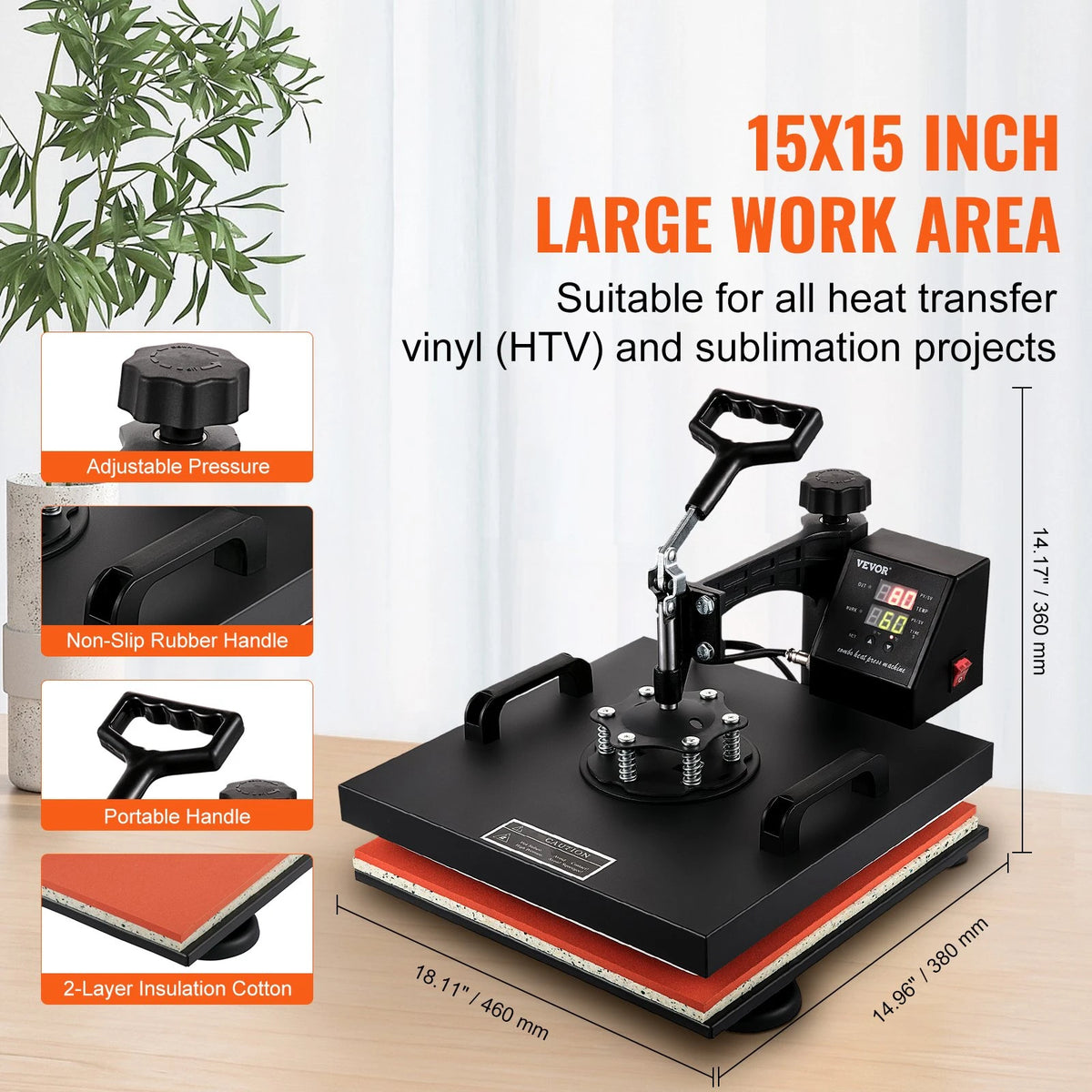 VEVOR Heat Press Machine 15x15Inch 8pcs 1050W Combo Digital Multifunctional Sublimation Heat Transfer Machine Dual LED Display for T Shirts Hat Mug Cap Plate Swing Away Design