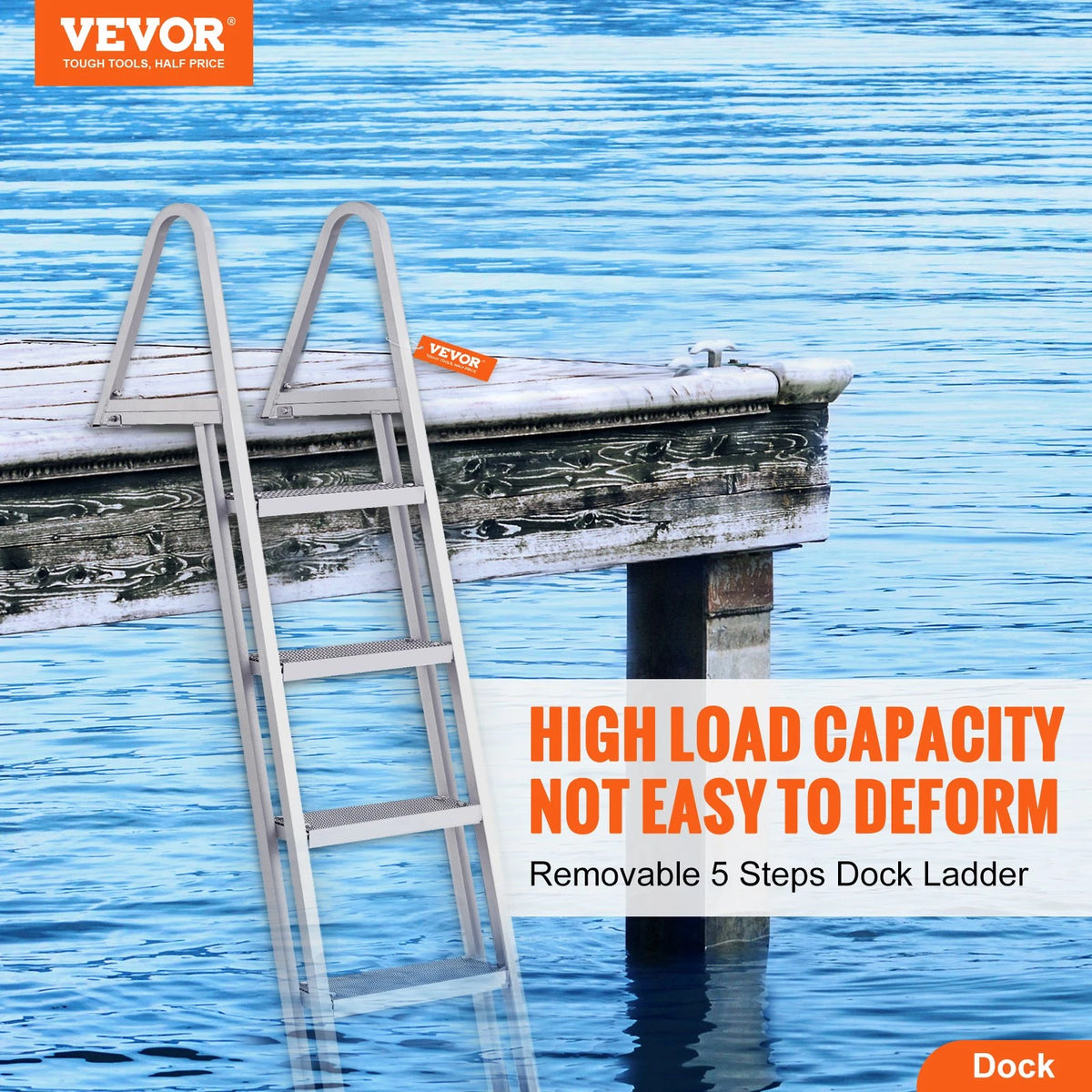 VEVOR Removable Dock Ladder 5 Steps, 350 lbs Load Capacity, Pontoon Boat Ladder with 4'' Wide Step & Nonslip Design for Ship/Lake/Pool/Marine Boarding