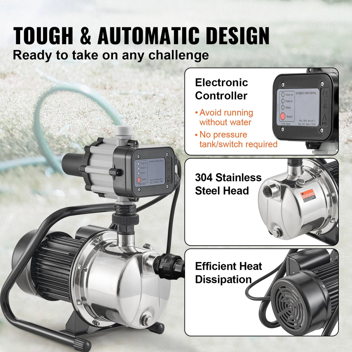 VEVOR Shallow Well Pump, 1HP 115V, 1200 GPH 145 ft Head, Portable Stainless Steel Sprinkler Booster Jet Pumps with Automatic Controller for Garden Lawn Irrigation system, Water Transfer