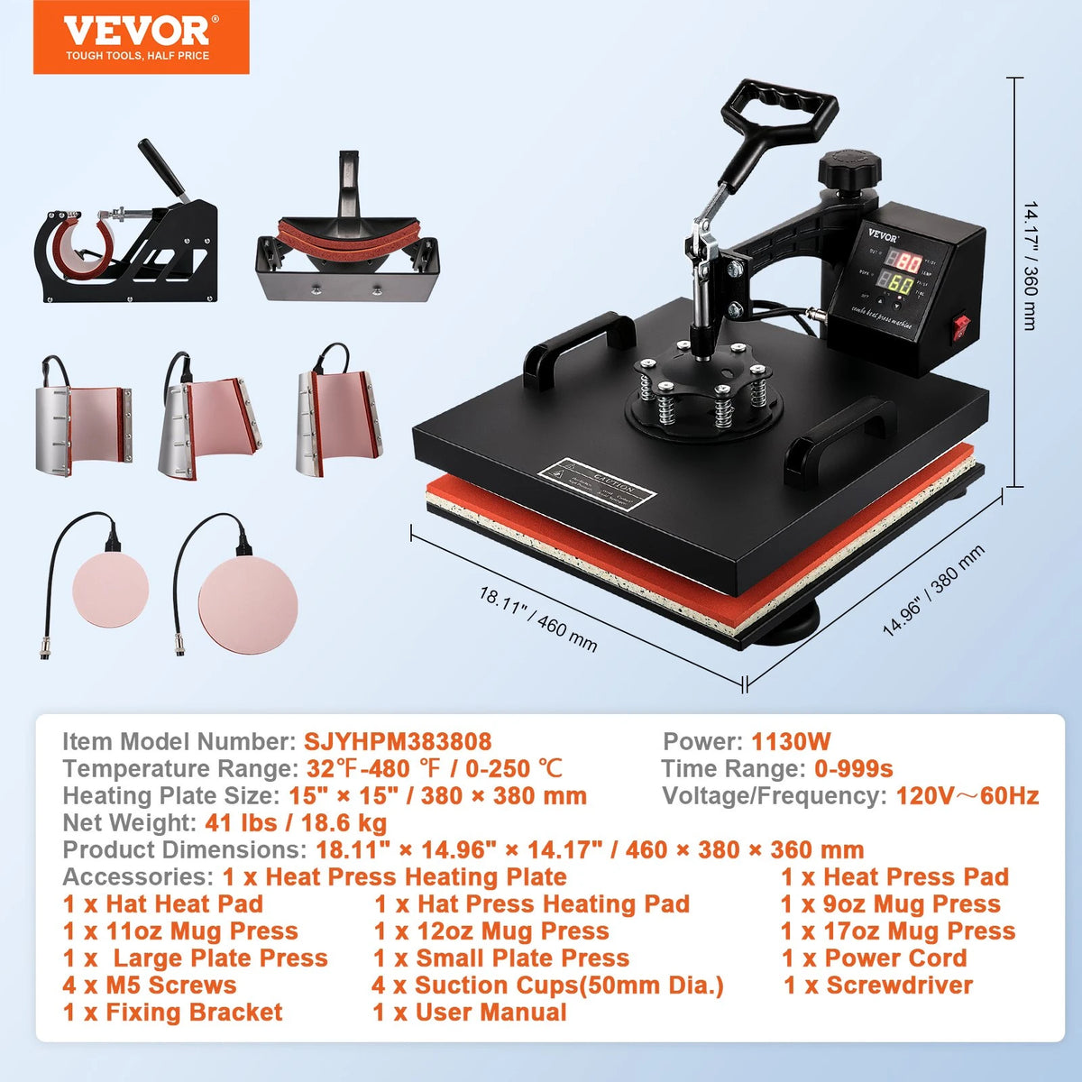VEVOR Heat Press Machine 15x15Inch 8pcs 1050W Combo Digital Multifunctional Sublimation Heat Transfer Machine Dual LED Display for T Shirts Hat Mug Cap Plate Swing Away Design