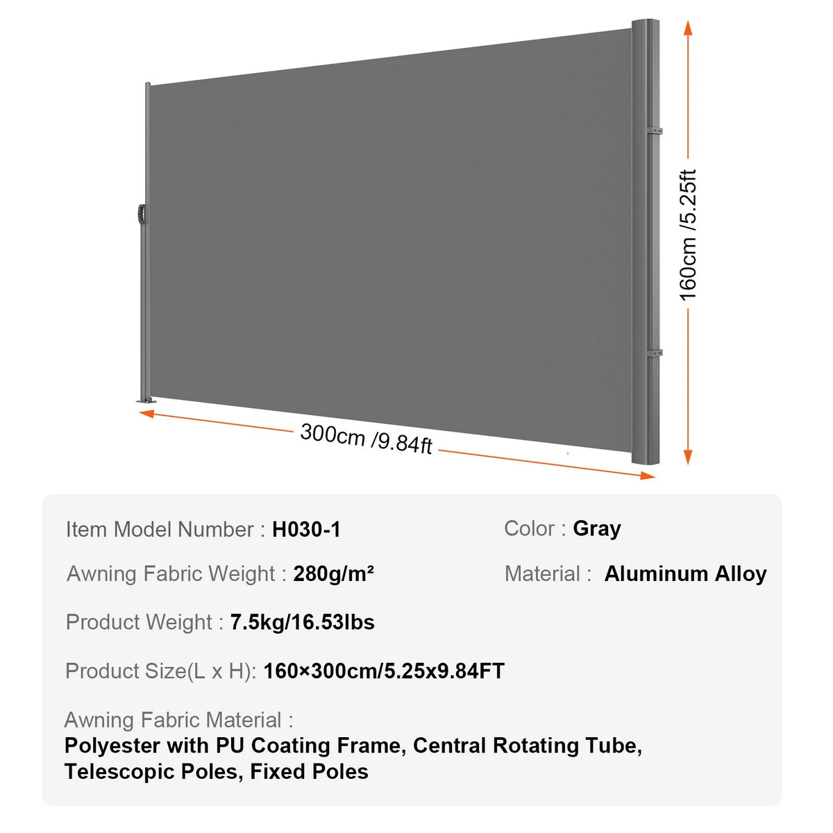 VEVOR Retractable Side Awning, 63''x 118'' Aluminum Outdoor Privacy Screen, 280g Polyester Water-proof Retractable Patio Screen, UV 30+ Room Divider Wind Screen for Patio, Backyard, Balcony, Gray