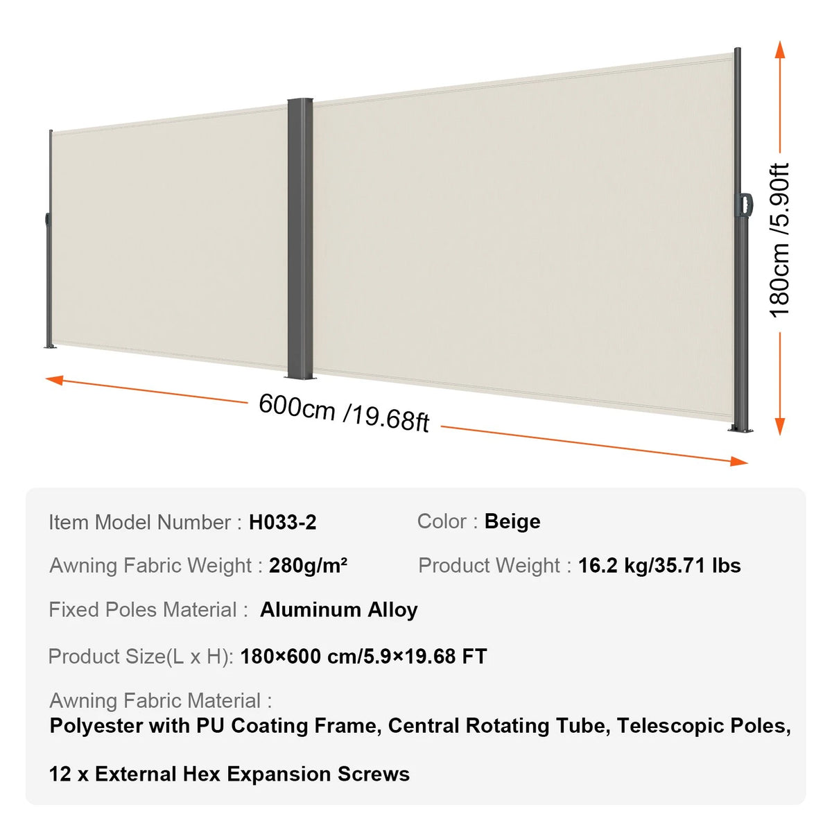 VEVOR Retractable Side Awning, 71''x 236'' Aluminum Outdoor Privacy Screen, 280g Polyester Water-proof Retractable Patio Screen, UV 30+ Room Divider Wind Screen for Patio, Backyard, Balcony, Beige