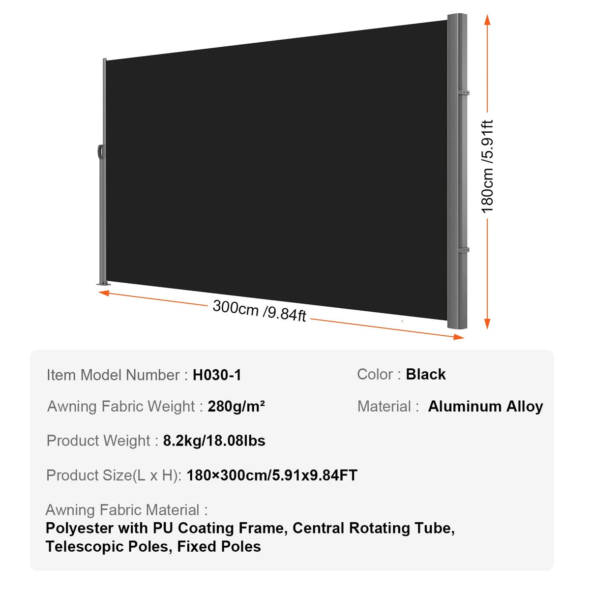 VEVOR Retractable Side Awning, 71''x 118'' Aluminum Outdoor Privacy Screen, 280g Polyester Water-proof Retractable Patio Screen, UV 30+ Room Divider Wind Screen for Patio, Backyard, Balcony, Black