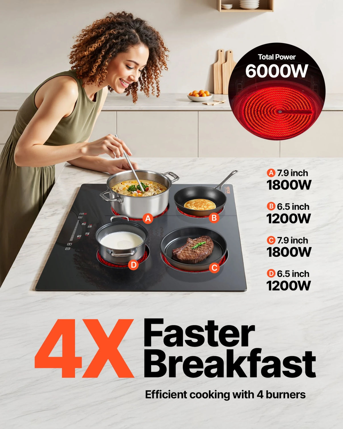 VEVOR Built in Electric Stove Top, 23.2 x 20.5 inch 4 Burners, 240V Glass Radiant Cooktop with Sensor Touch Control, Timer & Child Lock Included, 9 Power Levels for Simmer Steam Slow Cook Fry