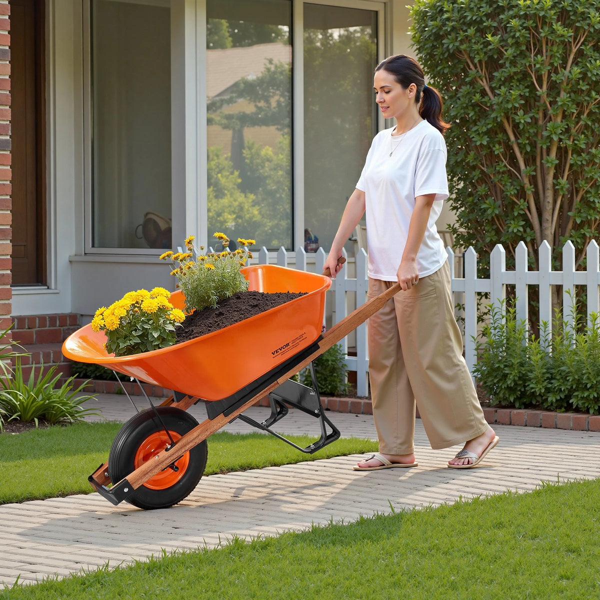 VEVOR Wheelbarrow Cart, 6 Cu. Ft. Load & 330 lbs Capacity, One Wheel Garden Dump Cart Wheel Barrow with Metal Handle &  16"  Wide Track Wheels, Easy Loading Utility Yard Cart & Wagons for Lawn Farm