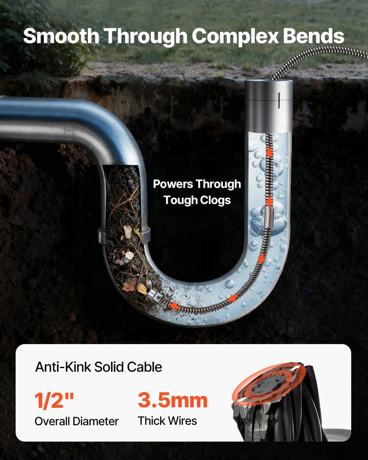 VEVOR Drain Cleaning Cable 100 Feet x 1/2 Inch Solid Core Cable Sewer Cable Drain Auger Cable Cleaner Snake Clog Pipe Drain Cleaning Cable Sewer Drain Auger Snake Pipe