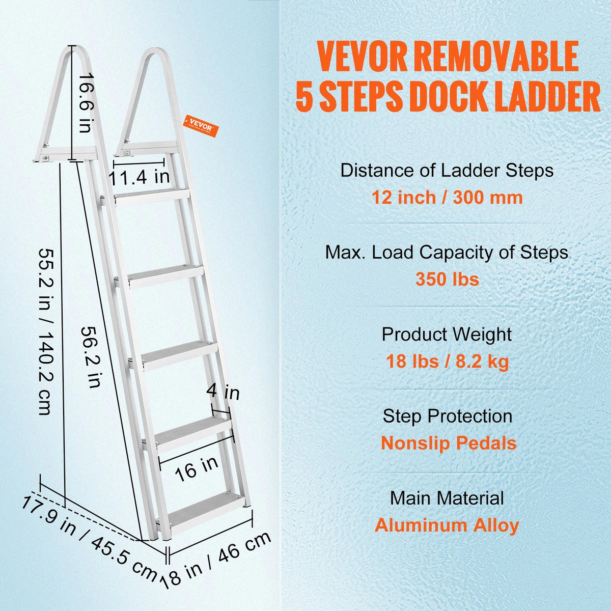 VEVOR Removable Dock Ladder 5 Steps, 350 lbs Load Capacity, Pontoon Boat Ladder with 4'' Wide Step & Nonslip Design for Ship/Lake/Pool/Marine Boarding
