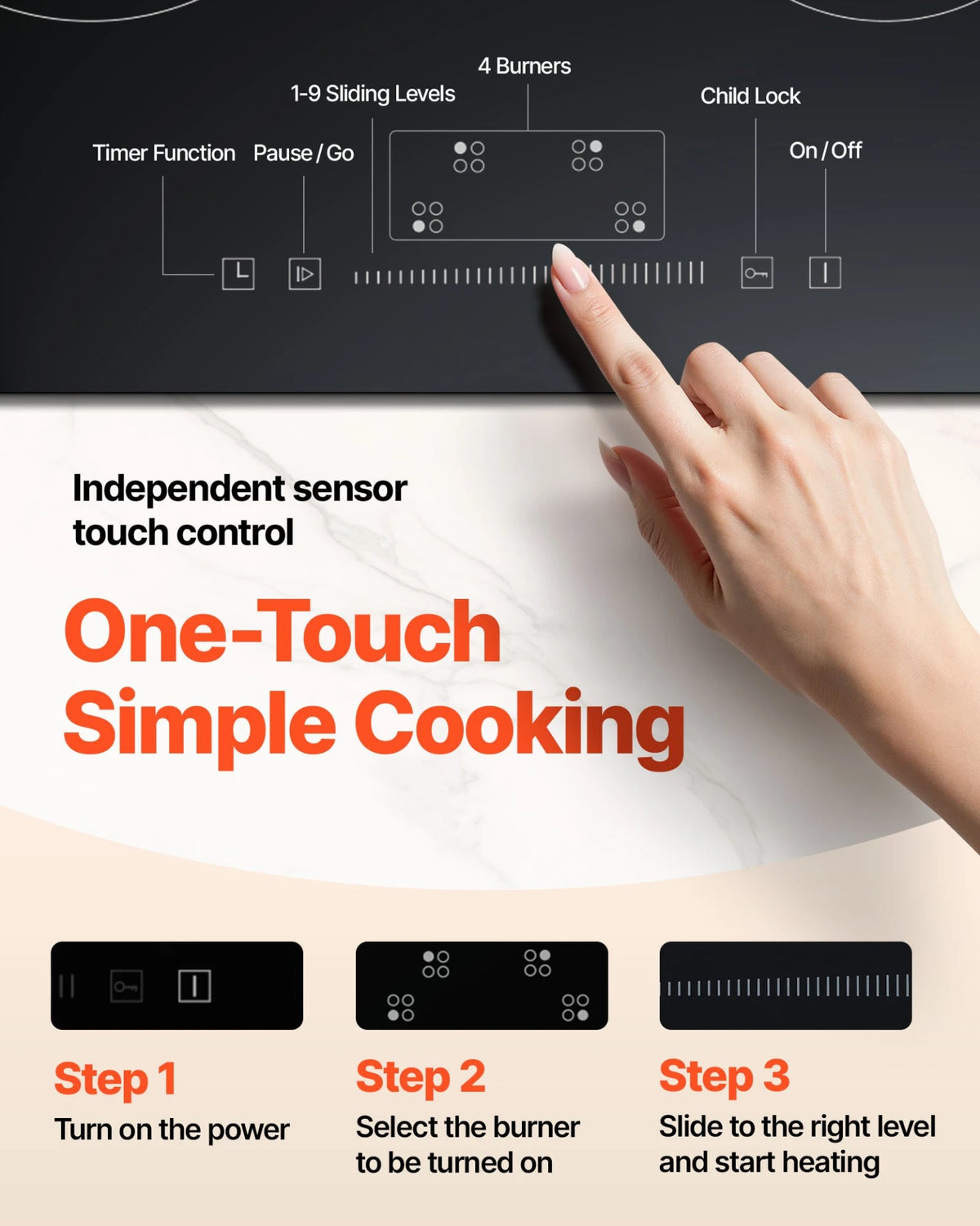 VEVOR Built in Electric Stove Top, 23.2 x 20.5 inch 4 Burners, 240V Glass Radiant Cooktop with Sensor Touch Control, Timer & Child Lock Included, 9 Power Levels for Simmer Steam Slow Cook Fry