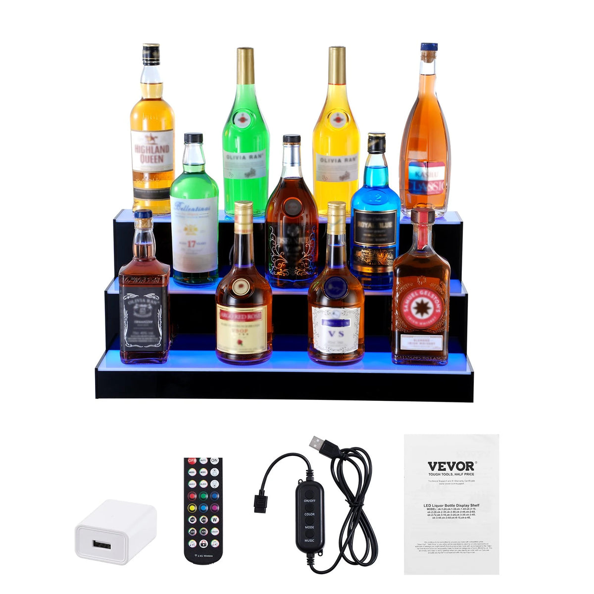VEVOR LED Lighted Liquor Bottle Display Bar Shelf RF & App Control 24" 3-Step