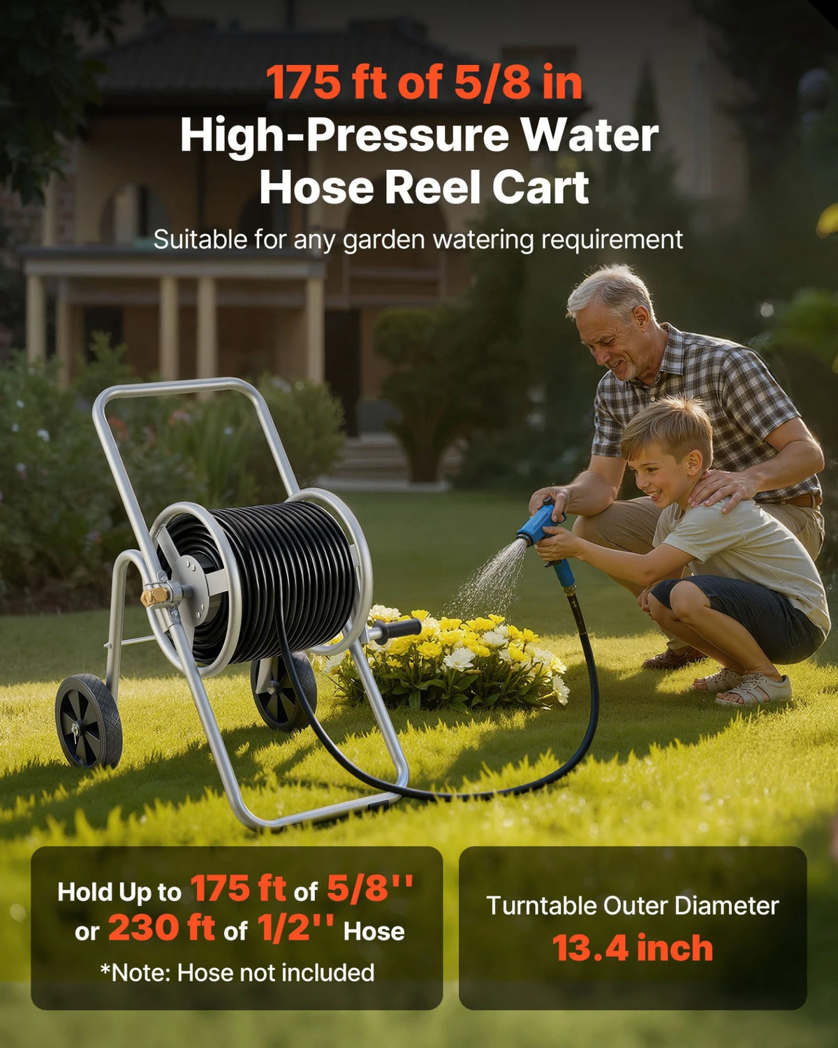 VEVOR Hose Reel Cart, Hold Up to 175 ft of 5/8’’ Hose (Hose Not Included), Garden Water Hose Carts Mobile Tools with Wheels, Heavy Duty Powder-coated Steel Outdoor Planting for Garden, Yard, Lawn