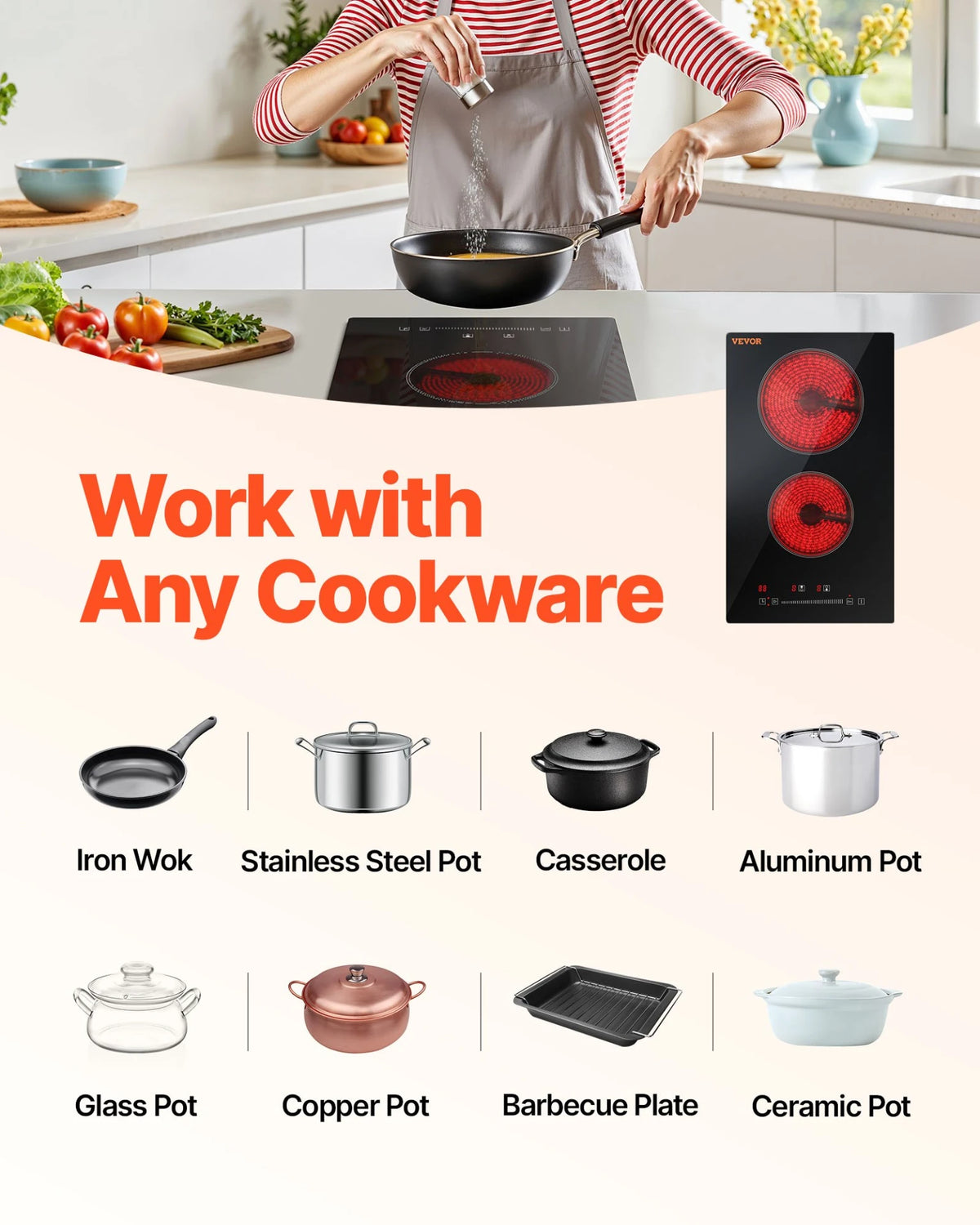 VEVOR Built in Electric Stove Top, 20 x 11.6 inch 2 Burners, 240V Glass Radiant Cooktop with Sensor Touch Control, Timer & Child Lock Included, 9 Power Levels for Simmer Steam Slow Cook Fry