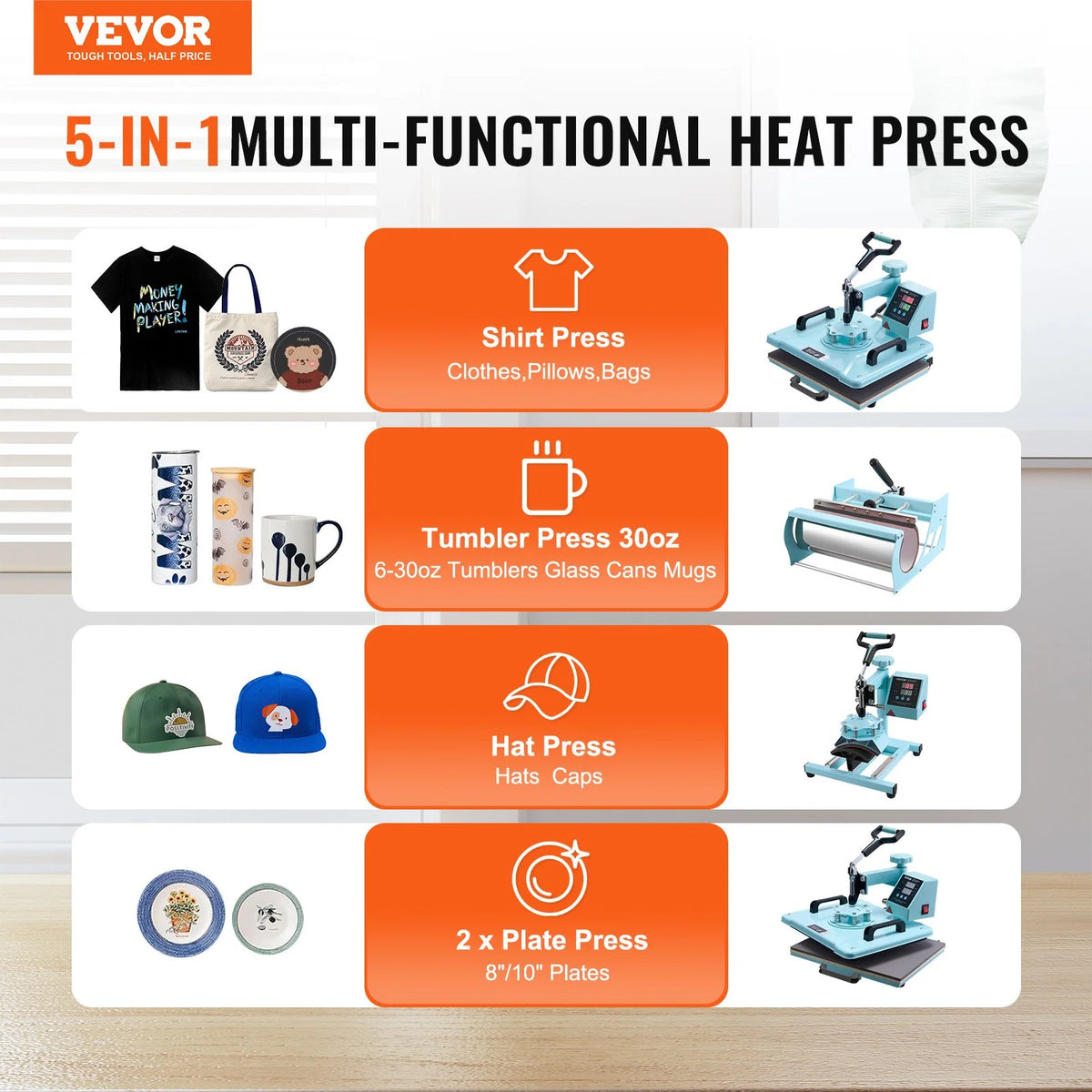 VEVOR Heat Press Machine, 12 x 15 inch, 8 in 1 Heat Transfer Machine with 6-30 oz Tumbler Press, 360° Swing - view 2