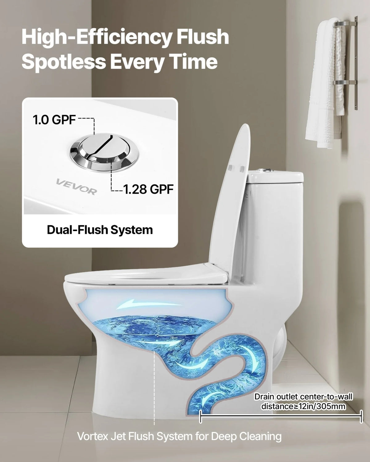 VEVOR One-Piece Toilet, Elongated Toilet Vortex Dual-Flush 1.0/1.28 GPF, Toilets for Bathroom with - view 3
