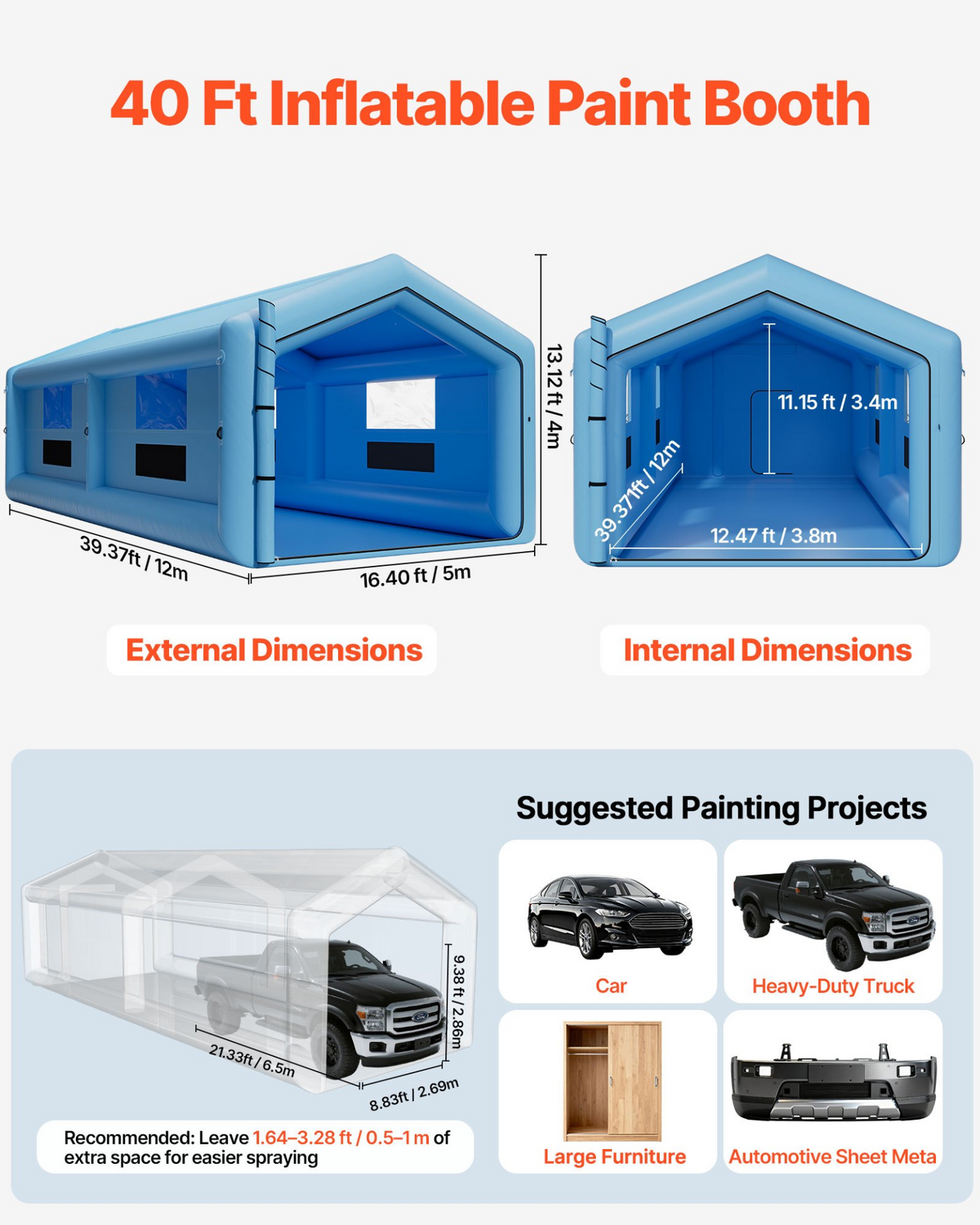 VEVOR Inflatable Paint Booth 39.37 x 16.40 x 13.12 ft