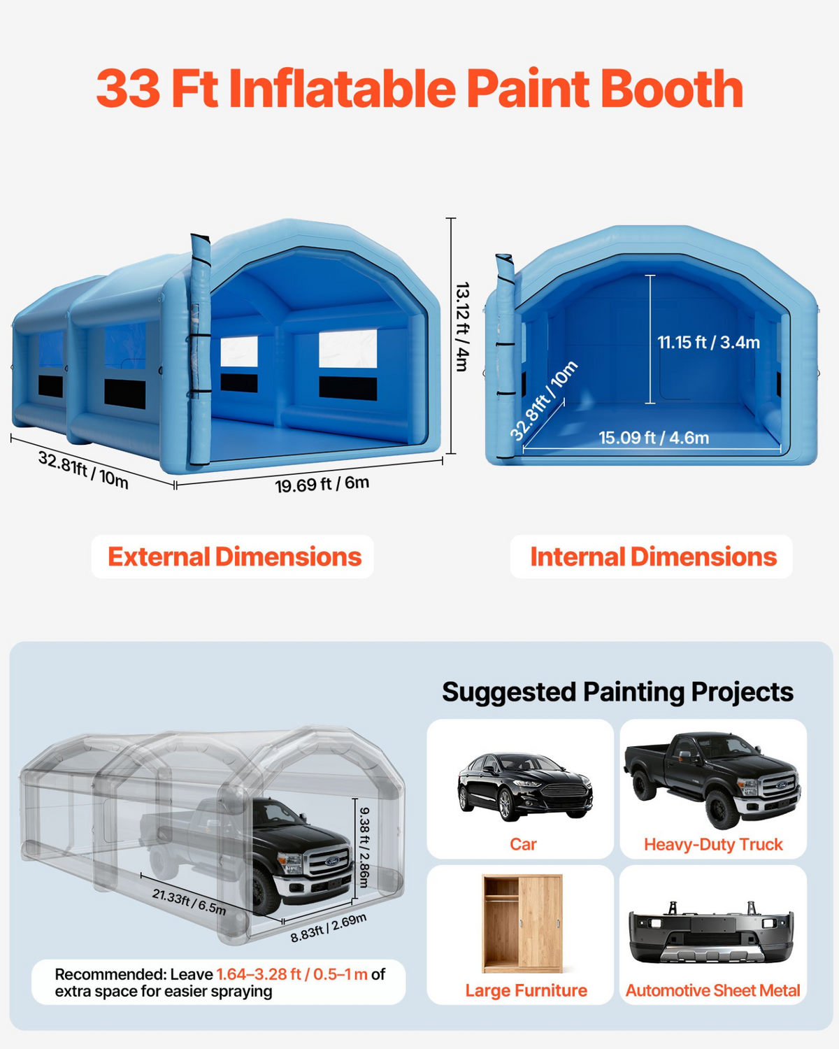 VEVOR Inflatable Paint Booth 32.81 x 19.69 x 13.12 ft