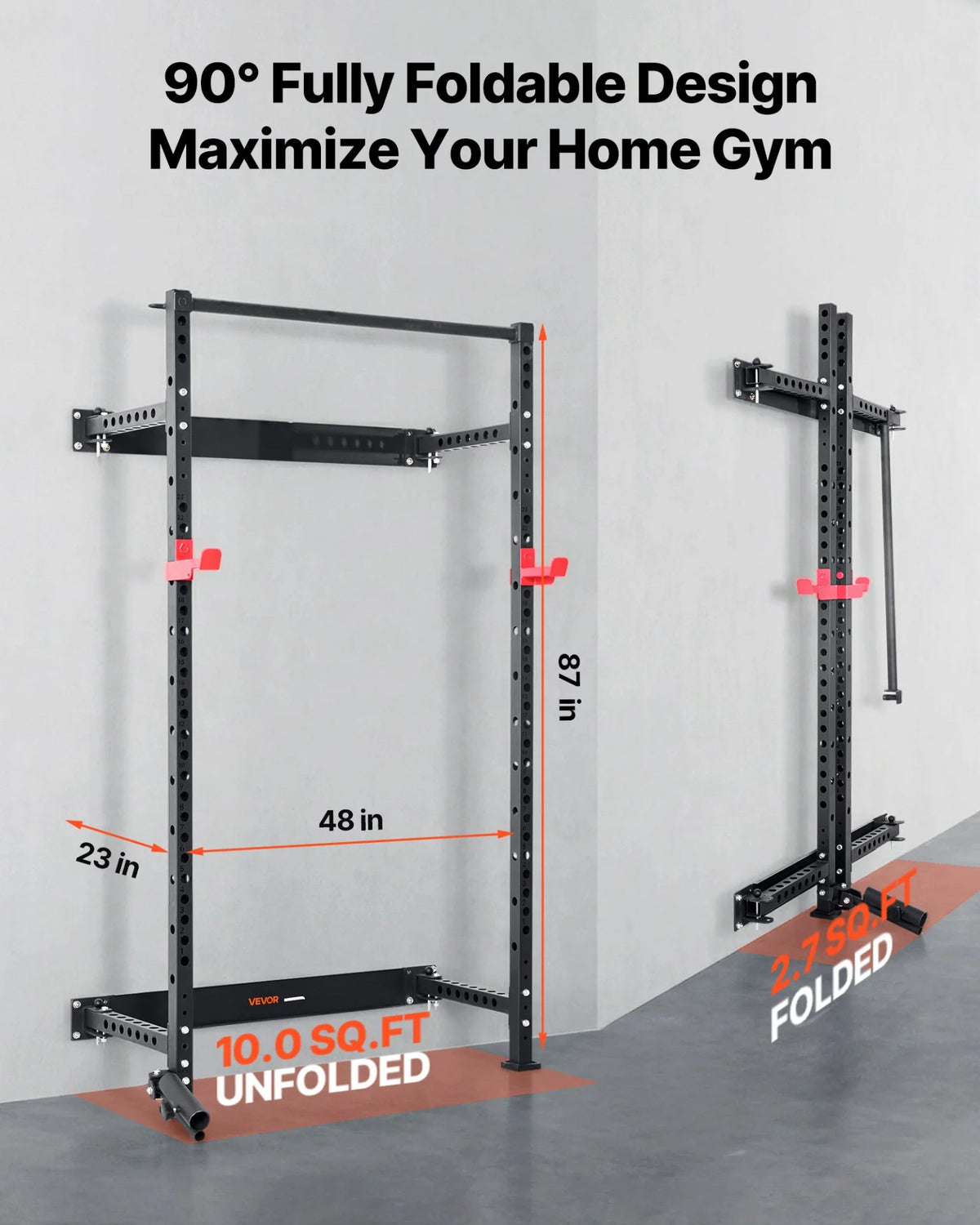 VEVOR Folding Power Cage, Wall-Mounted Power Rack Squat Rack, Multifunctional Strength Training Workout - view 2