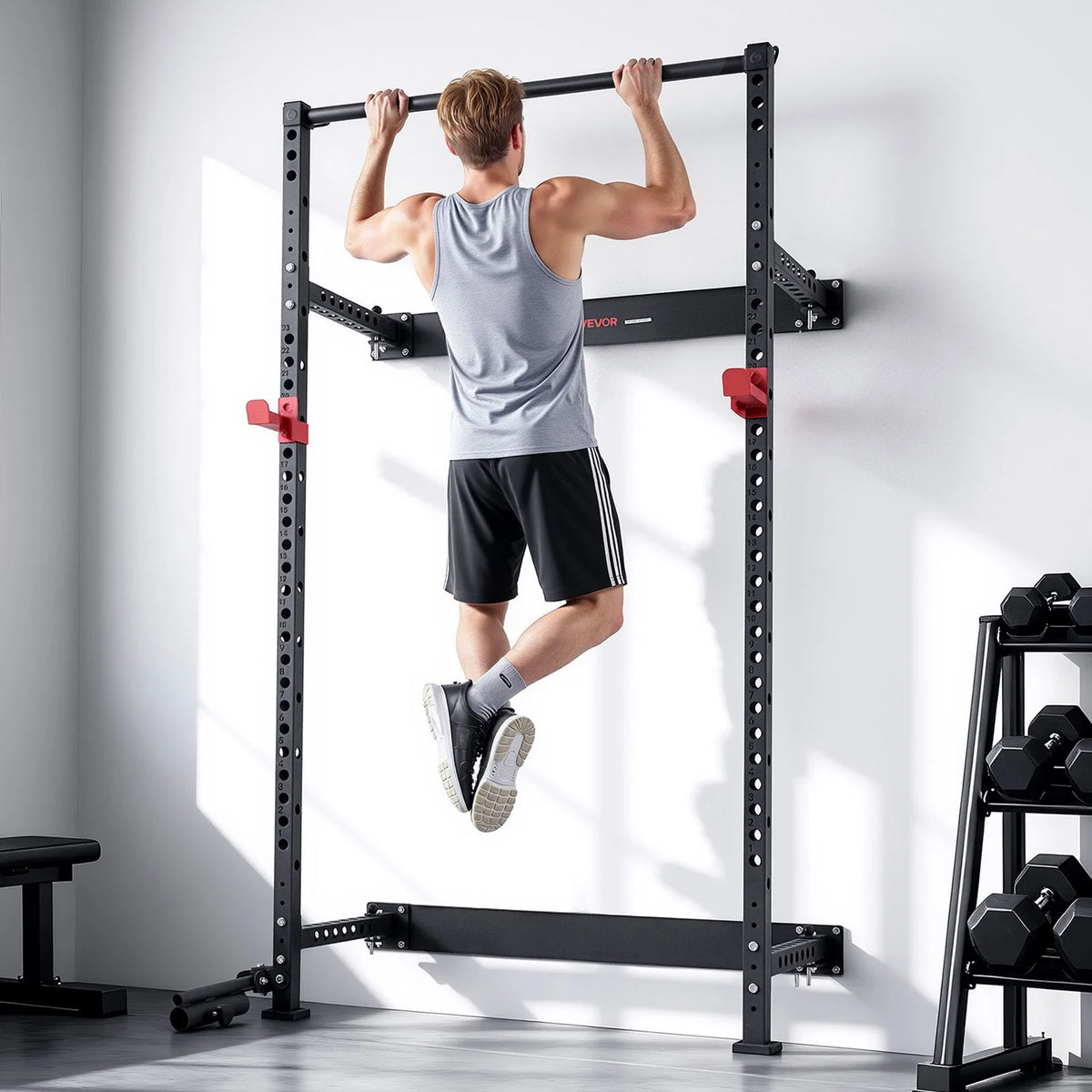 VEVOR Folding Power Cage, Wall-Mounted Power Rack Squat Rack, Multifunctional Strength Training Workout