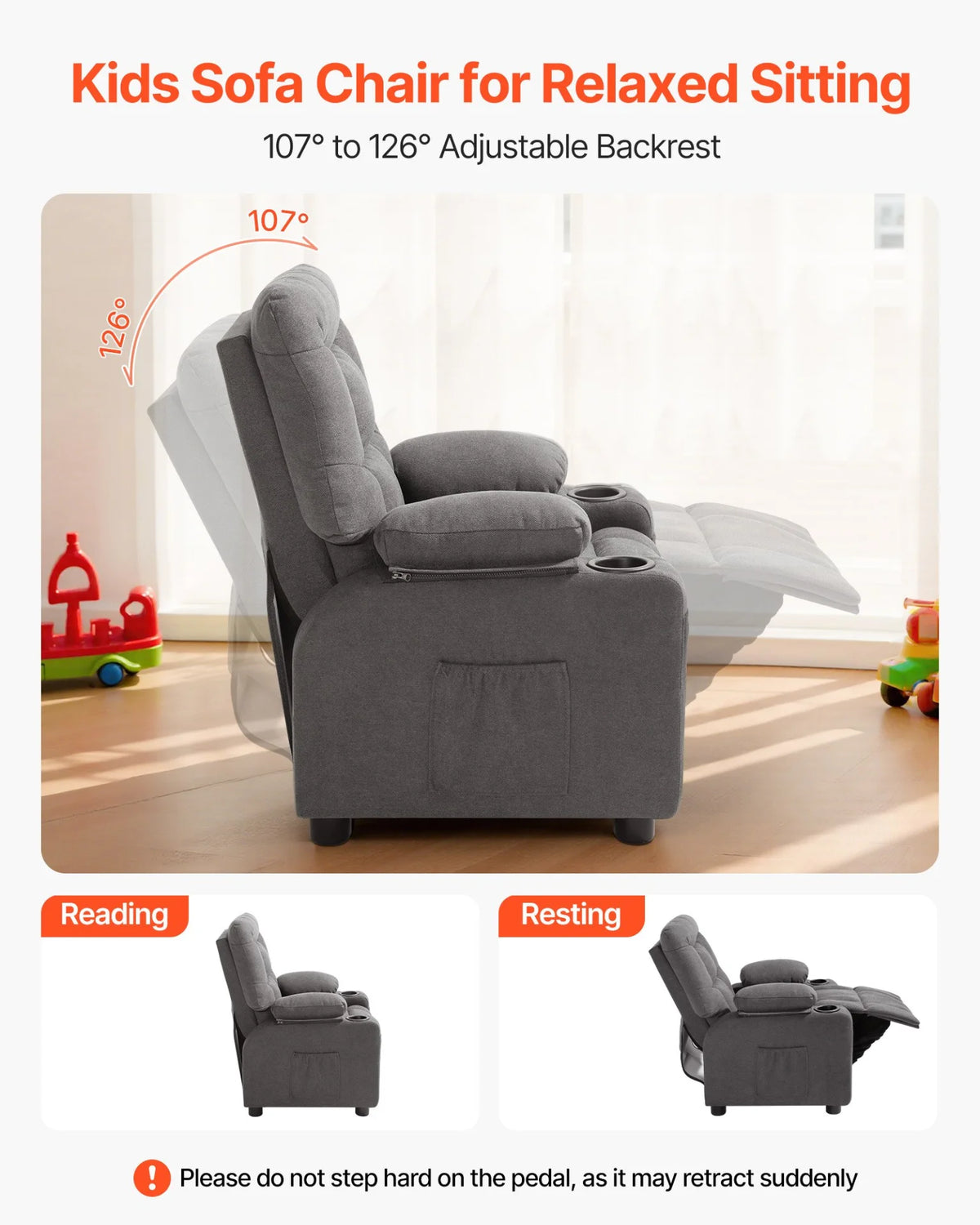 VEVOR Kids Recliner Chair, Toddler Lounger with Cup Holders & Pockets, 107° to 126° Adjustable Back