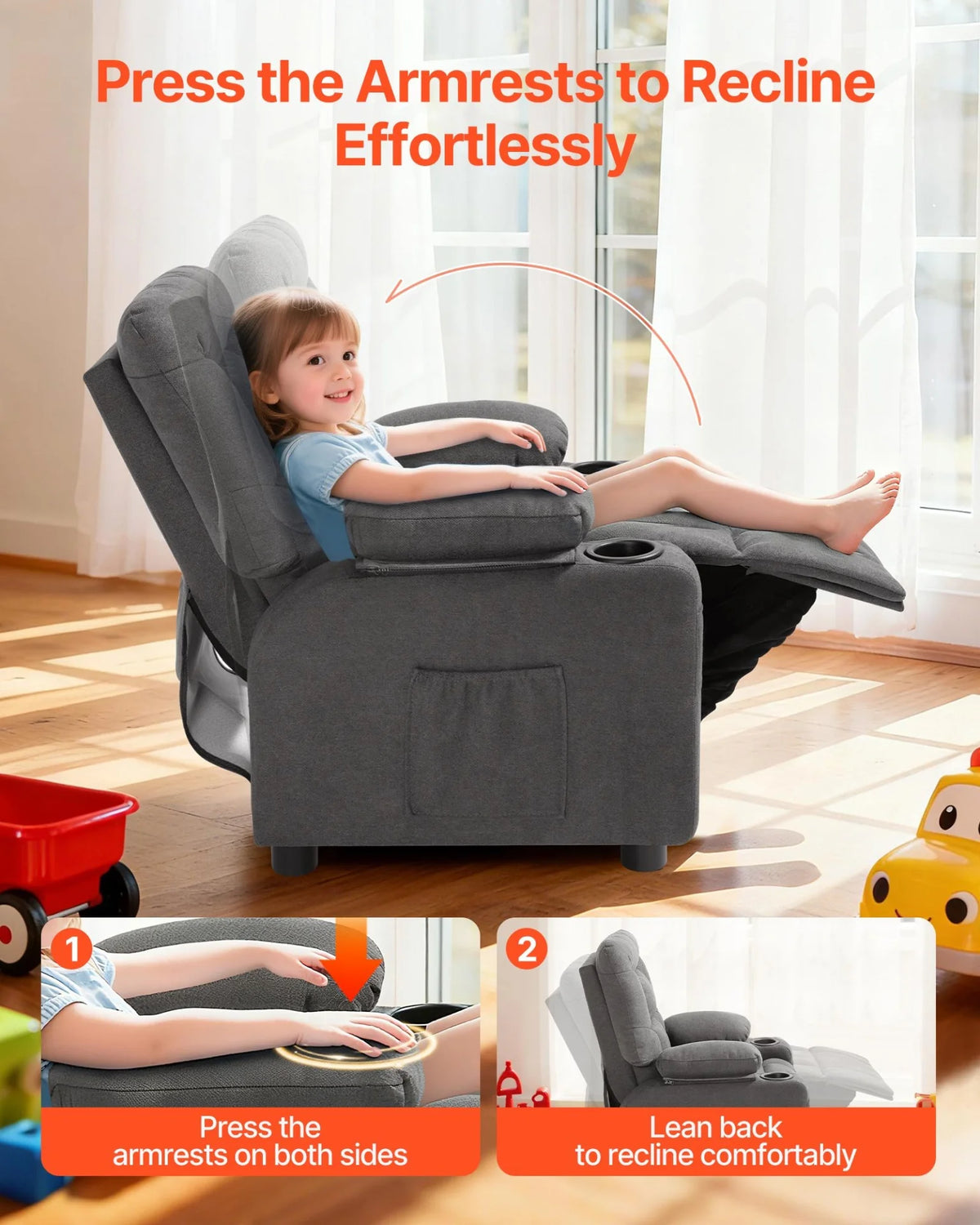 VEVOR Kids Recliner Chair, Toddler Lounger with Cup Holders & Pockets, 107° to 126° Adjustable Back - view 2