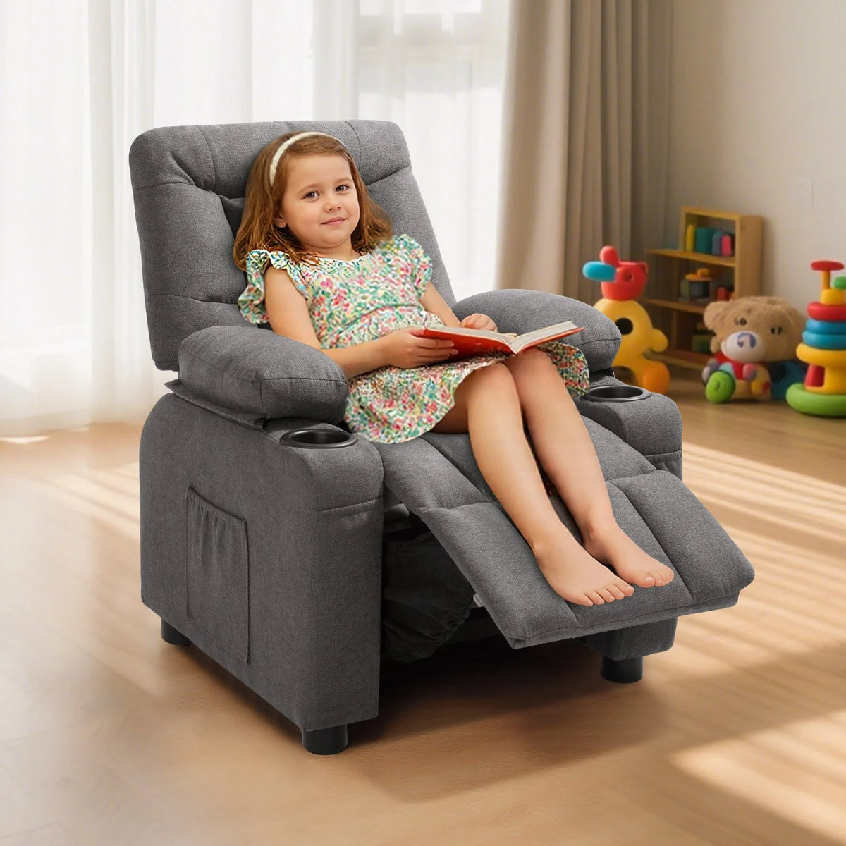 VEVOR Kids Recliner Chair, Toddler Lounger with Cup Holders & Pockets, 107° to 126° Adjustable Back - view 7