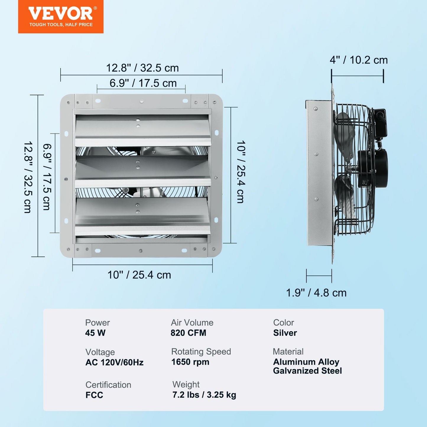 VEVOR 10'' Shutter Exhaust Fan, High-speed 820 CFM, Aluminum Wall Mount Attic Fan with AC-motor, Ventilation and Cooling for Greenhouses, Garages, Sheds, Shops, FCC