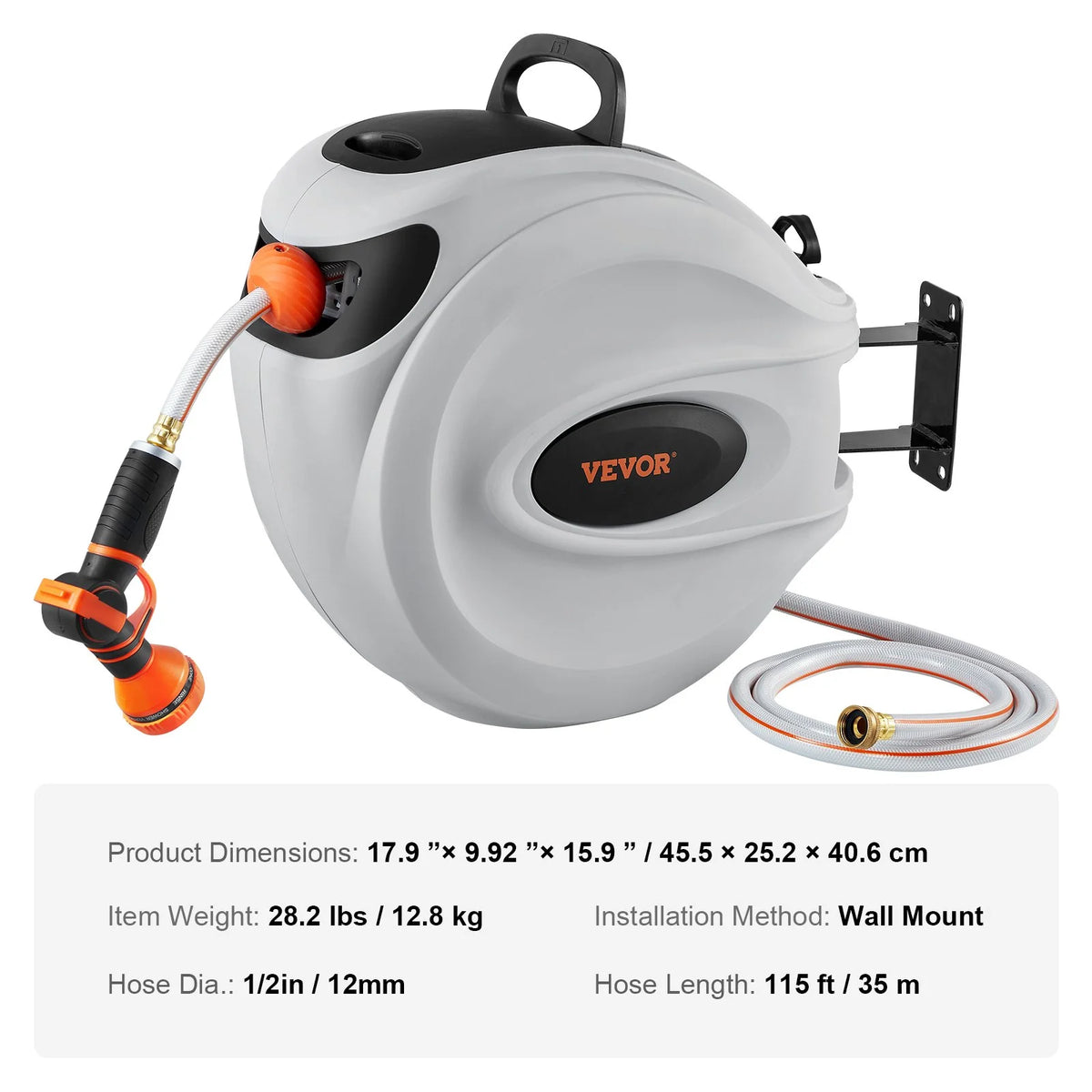 VEVOR Retractable Hose Reel Water Hose Reel 115'x1/2" 180° Swivel Wall-Mounted - view 6