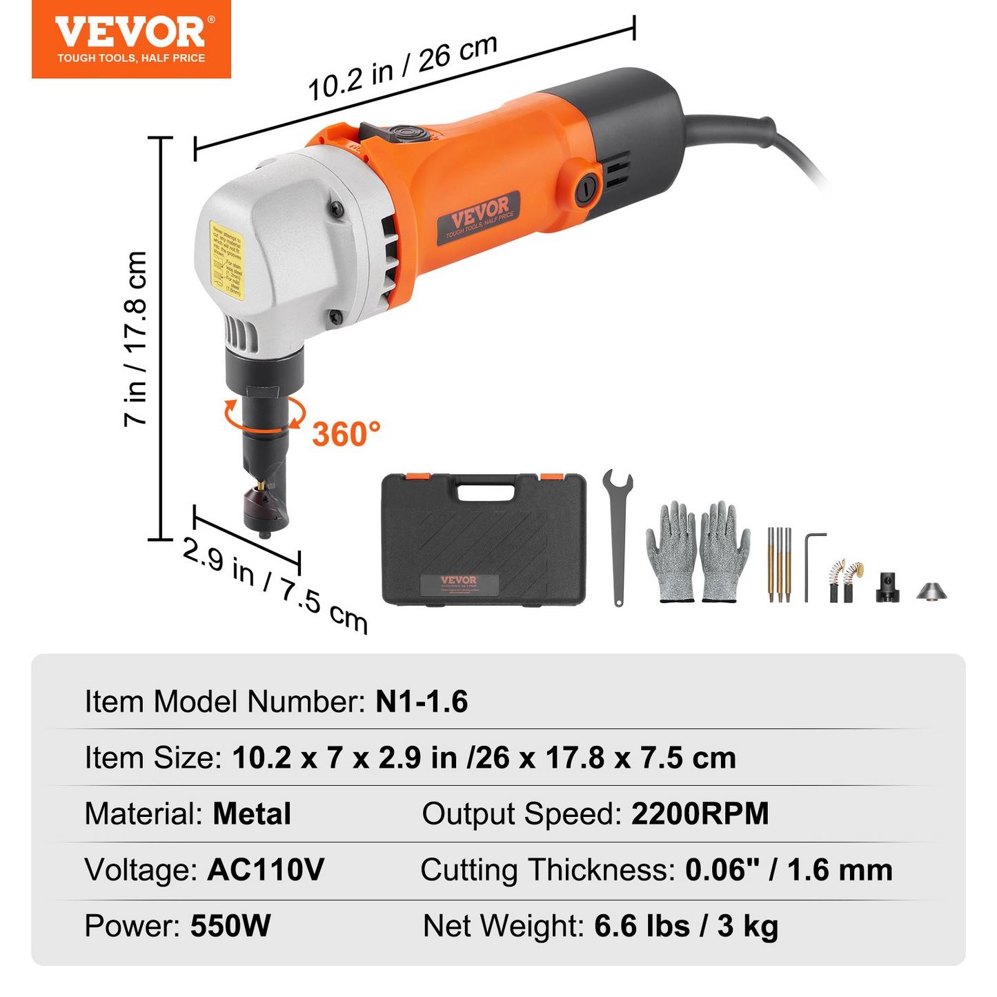 VEVOR Sheet Metal Nibbler, 550W Powerful 2200 RPM High Speed, 360 Degree Rotation Electric Nibbler Metal Cutter, Straight Curve and Circle Cutting for Stainless Steel, Aluminum, Plastic, Wood Board