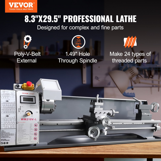 VEVOR Metal Lathe Machine, 8.3'' x 29.5'', Precision Benchtop Power Metal Lathe, 0-2500 RPM Continuously Variable Speed, 750W Brushless Motor Metal Gears, with Tool Box for Processing Precision Parts