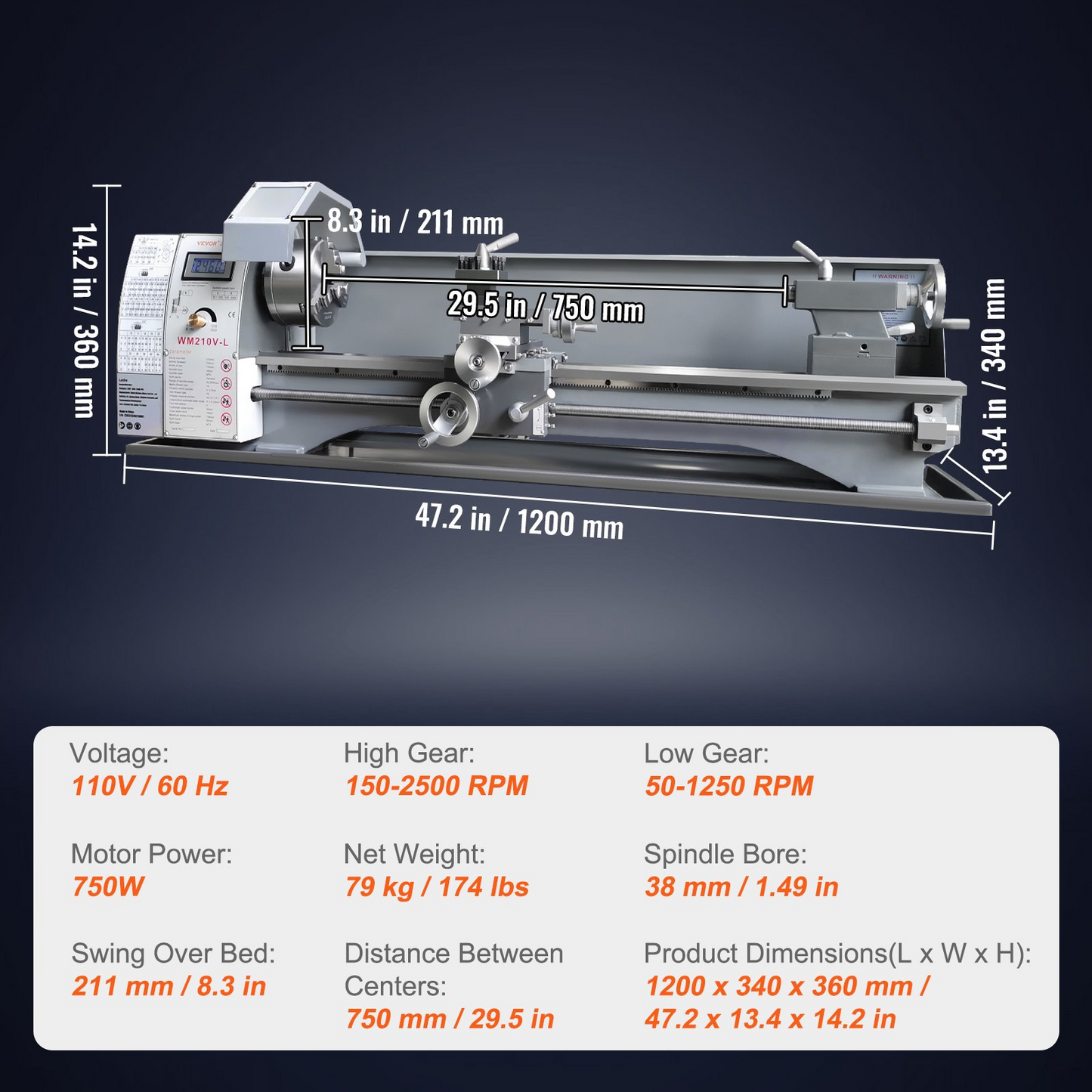 VEVOR Metal Lathe Machine, 8.3'' x 29.5'', Precision Benchtop Power Metal Lathe, 0-2500 RPM Continuously Variable Speed, 750W Brushless Motor Metal Gears, with Tool Box for Processing Precision Parts