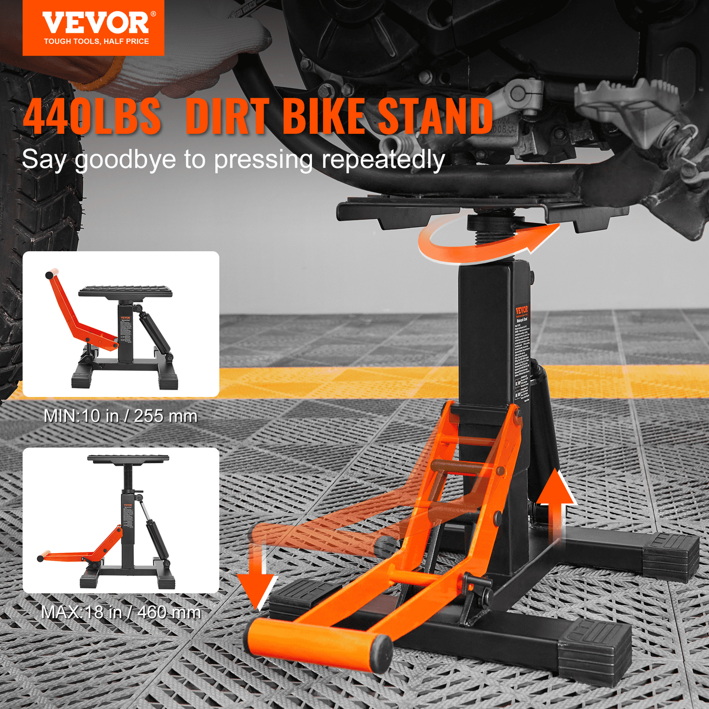 VEVOR Dirt Bike Lift Stand, Motorcycle Jack Lift Stand 440 lbs Capacity and Hydraulic Lift Operation, Adjustable Height Hoist Table, for Dirt Pit Bike Repair, Maintenance, Dirt Bike Accessories